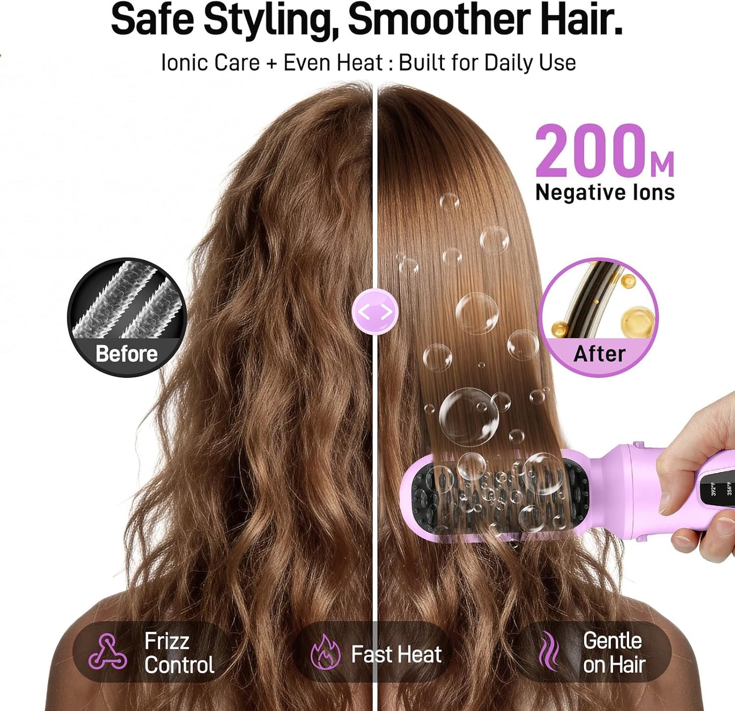 Cordless Hair Straightener Brush - 3-in-1 Portable USB Rechargeable Styler for Travel | Fast Heat, Purple