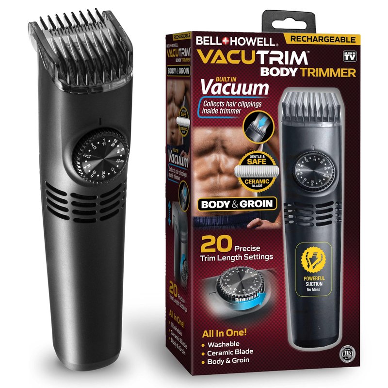 Vacutrim Cordless Body Shaver for Men, Rechargeable Grooming Tool with 20 Trim Settings, Integrated Vacuum System - Black, 7.5", As Seen On TV