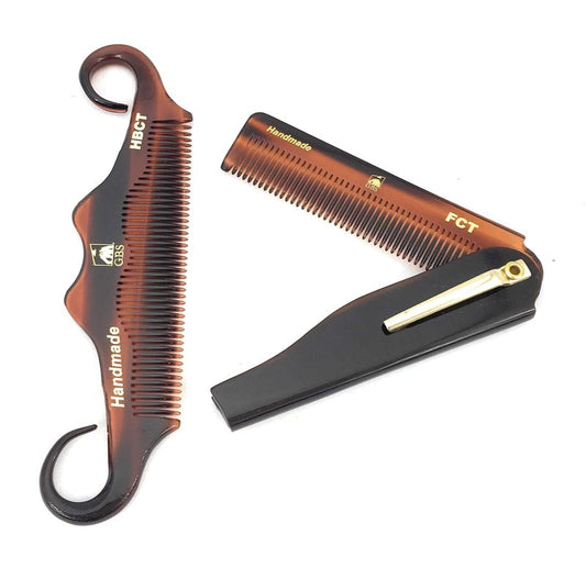 GENTS Handmade Portable Mustache Beard Comb Set - 2 Pocket Sized Foldable Fine Tooth Grooming Combs