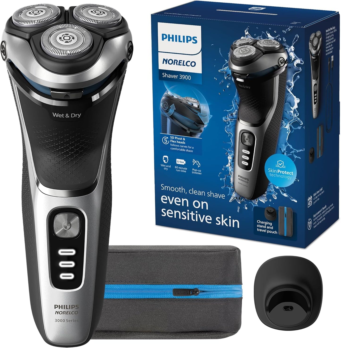 Philips Norelco Shaver 3900 Series - Wet & Dry Electric Shaver with Travel Pouch & Charging Stand | Storm Blue, Model S3341/92