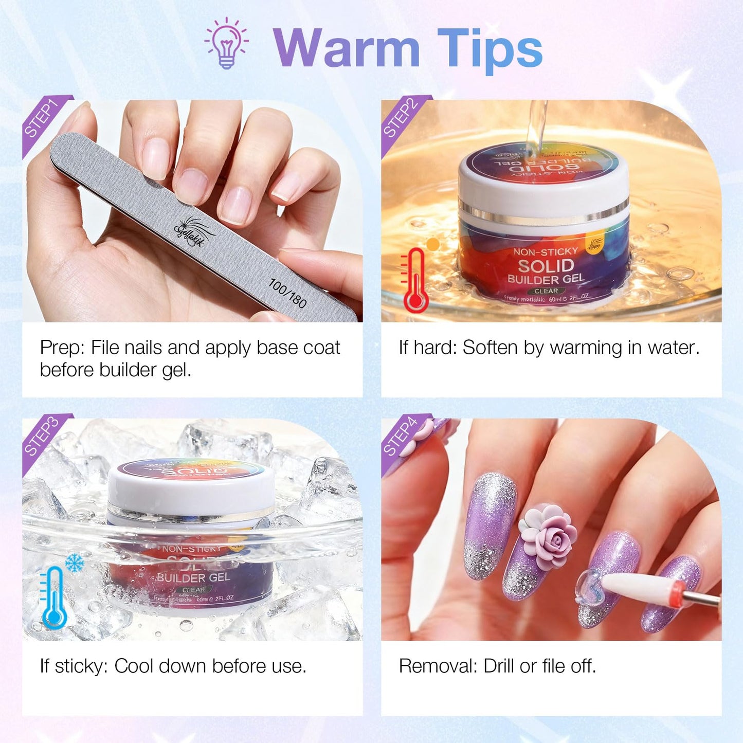 GELLAKTIK All-in-One Solid Builder Nail Gel Kit: 60g Hard Gel with 3D Mold, 6-Color Powders & Nail Art Tools (Nail File, Cuticle Pusher, Pen), Non-Sticky for Nail Extension, DIY Salon, UV/LED Cured
