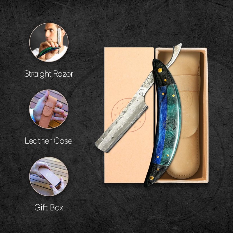 Naked Armor Esclabor Damascus Straight Razor - Shave Ready 7/8" Square Nose Damascus Steel Straight Razors for Men with Ebony Wood Scale, Case Included, Close Shave