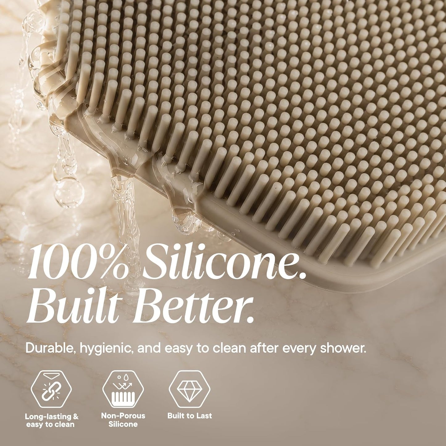 Silicone Back Scrubber for Shower | Exfoliating Body Brush with Long Ergonomic Handle & Non-Slip Grip - Sand Color