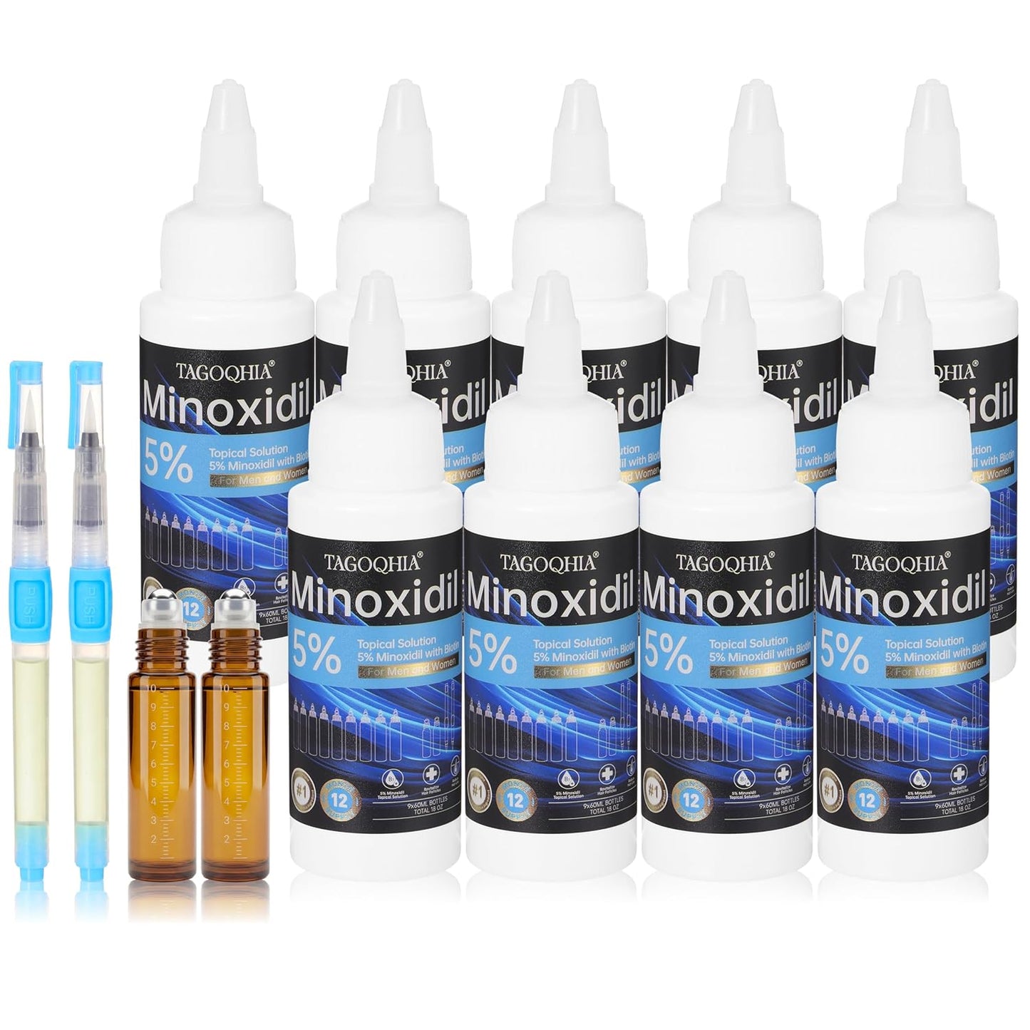 Minoxidil Hair Regrowth Solution for Men - Extra Strength Treatment with Roller & Brush | 9 Bottles
