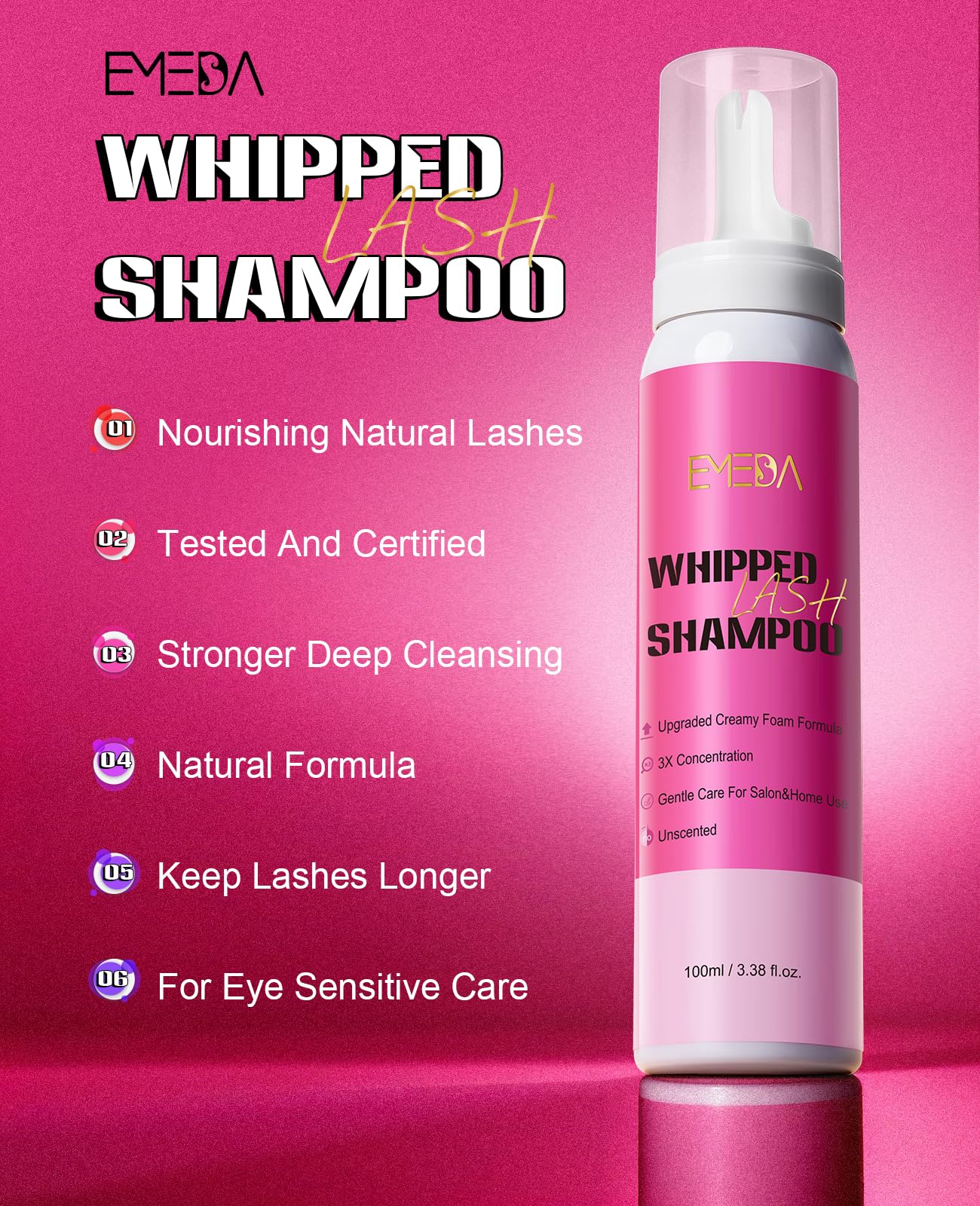 EMEDA Whipped Lash Shampoo Kit, Deep Cleanser Foam, 100ml Lash Cleaning Kit with Brush, Cleanser for Extension & Cluster & Strips Eyelash, Salon & Home Use Supplies (Unscented)
