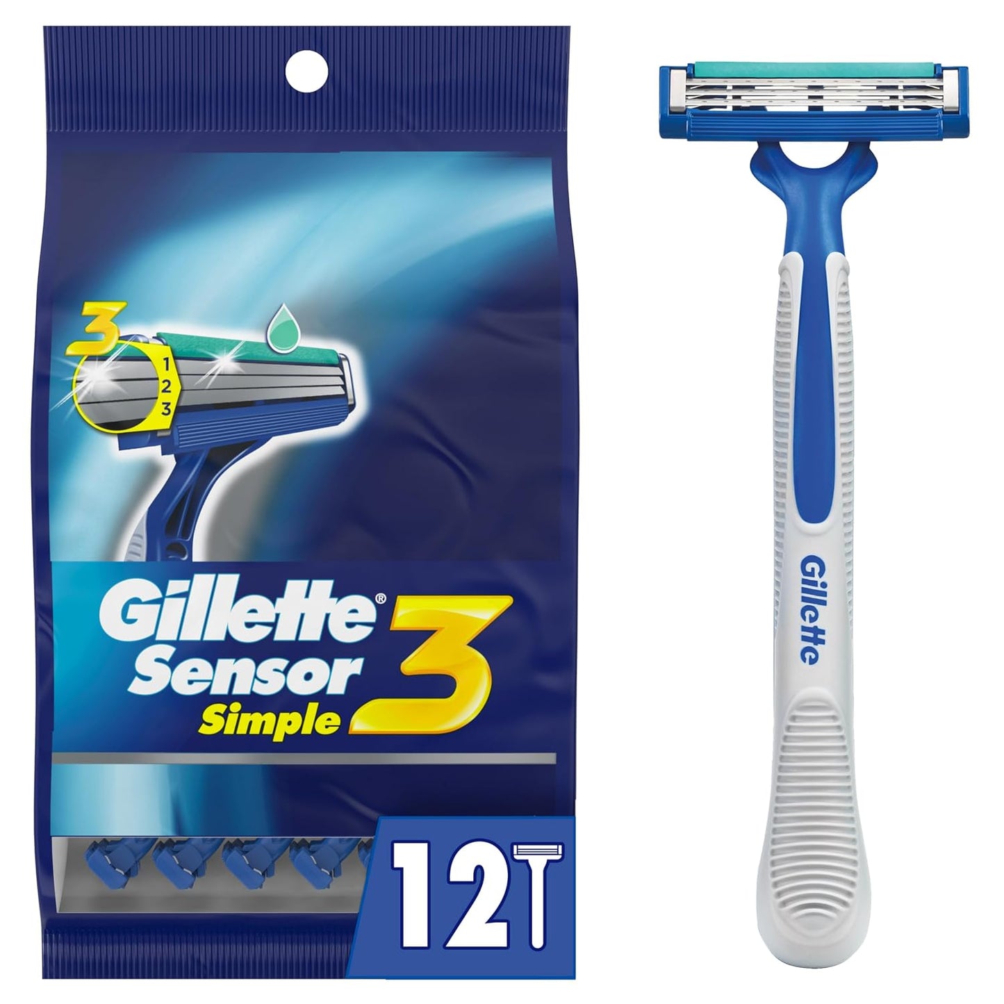 Men’s Disposable Razors - Sensor3 Simple, 12 Count | Smooth Shave & Comfort