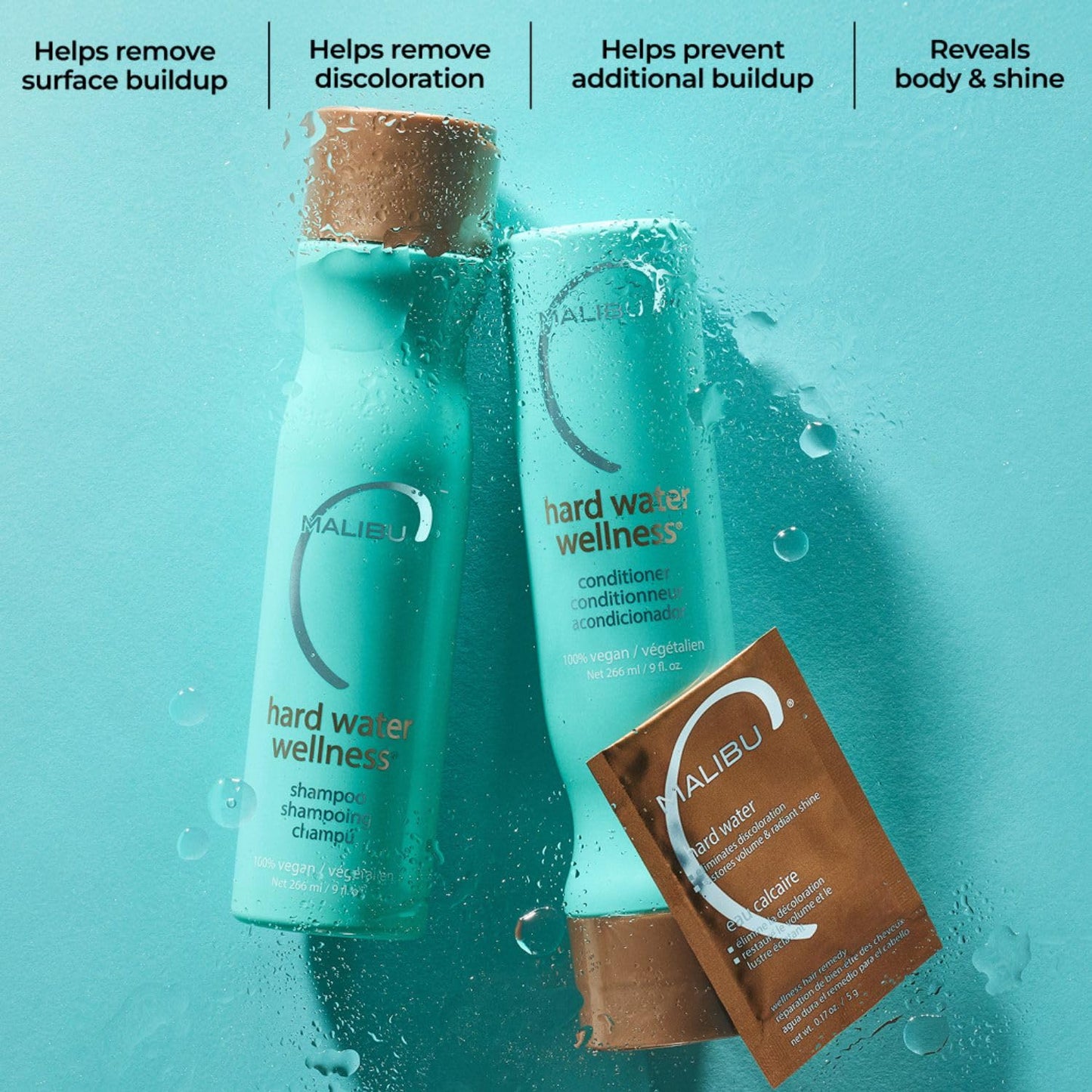 Malibu C Hard Water Wellness Remedy - Hard Water Shampoo, Conditioner & Hair Mask Packets for Removing Deposits and Impurities - Hydrating Hair Care Set (6 Ct)
