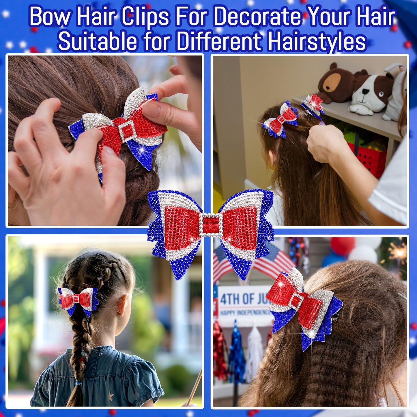 Solsew 2Pcs 4th of July Hair Bows Red White Blue Rhinestone Clips for Women
