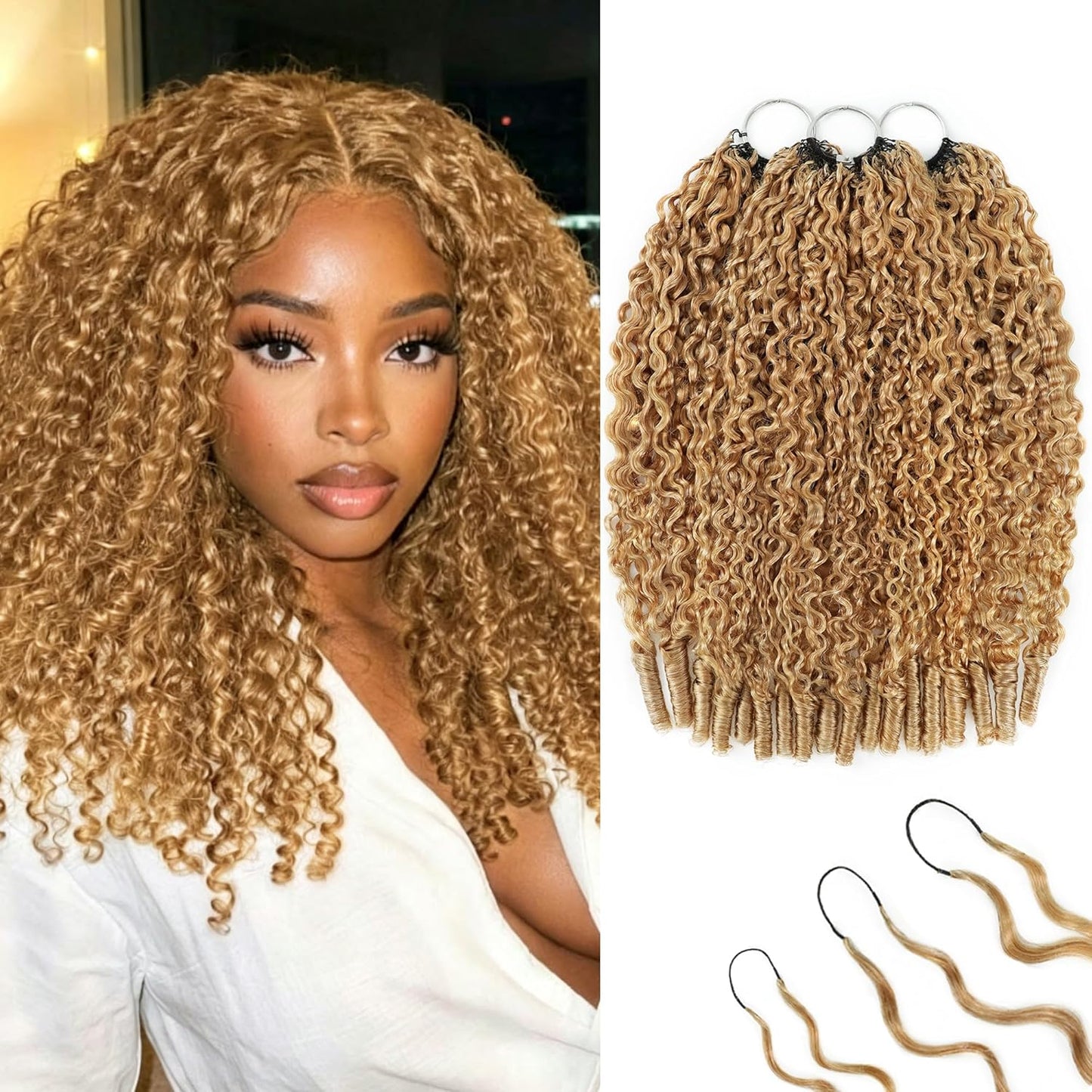 Honey Blonde Curly Crochet Hair Extensions - 14 Inch 180g Pre-Separated Human Hair Bundles | Invisible Miracle Knots