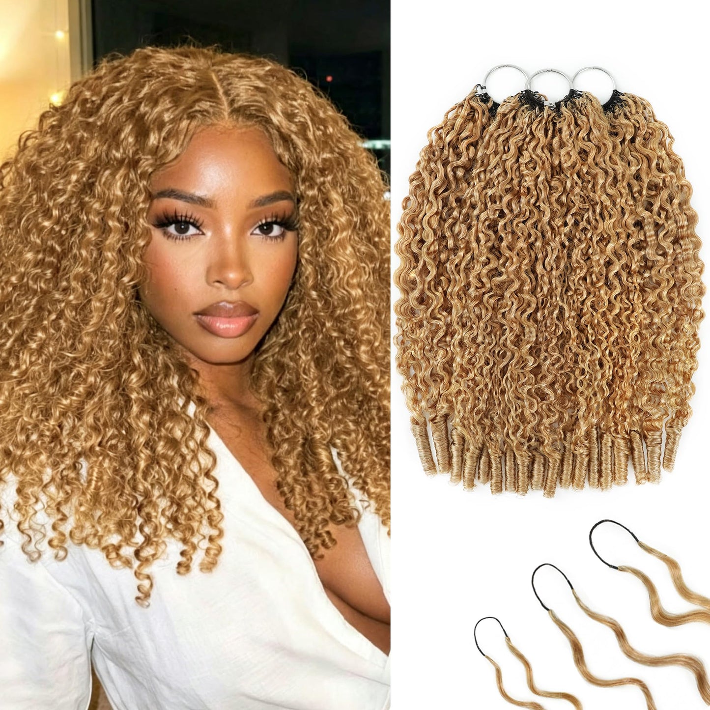 KULYMUWIG Honey Blonde Burmese Curly Crochet Human Hair 14 Inch 180g Pre-Separated Feather Human Crochet Hair Bundles 27# Invisible Miracle Knots Hair Extensions