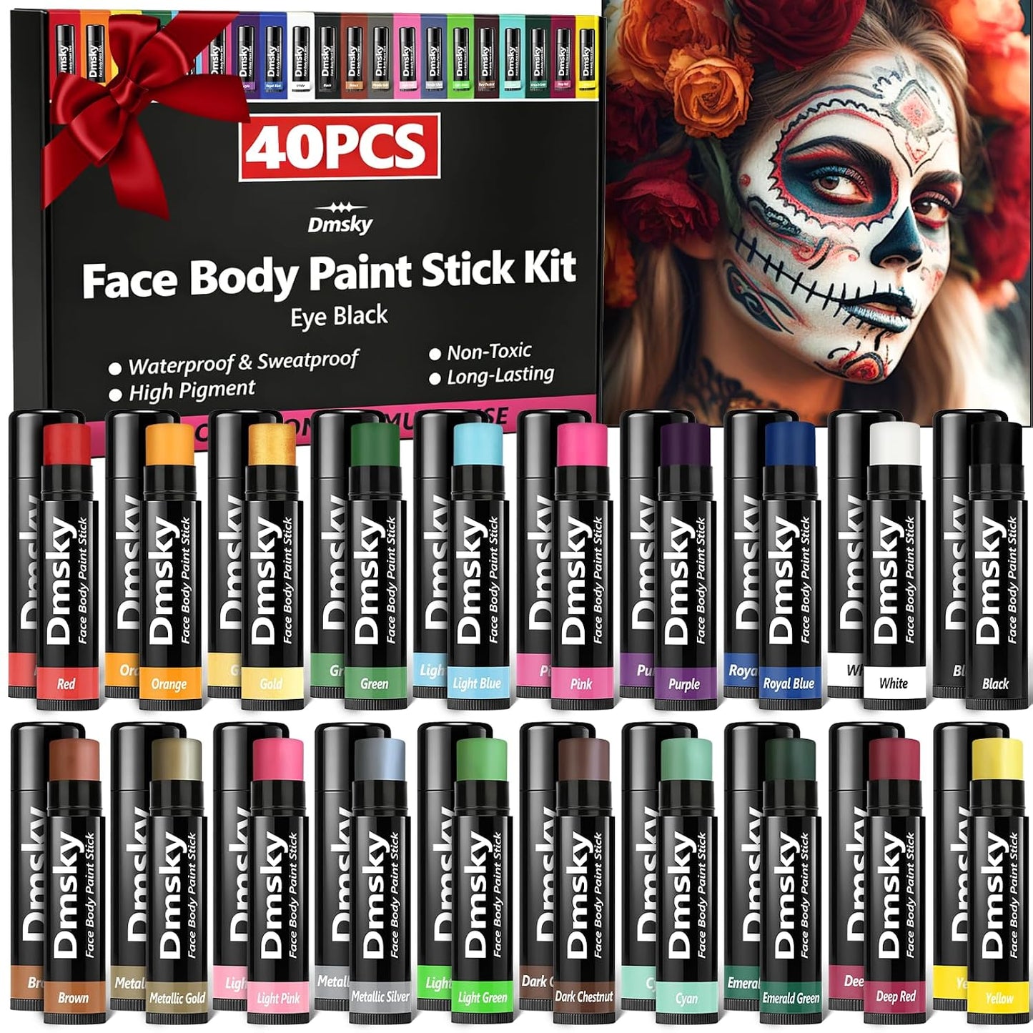 Dmsky Eye Black Sports Stick Kit - 40 Packs Anti-Glare Waterproof Paint for Football, Baseball & Softball | 20 Colors