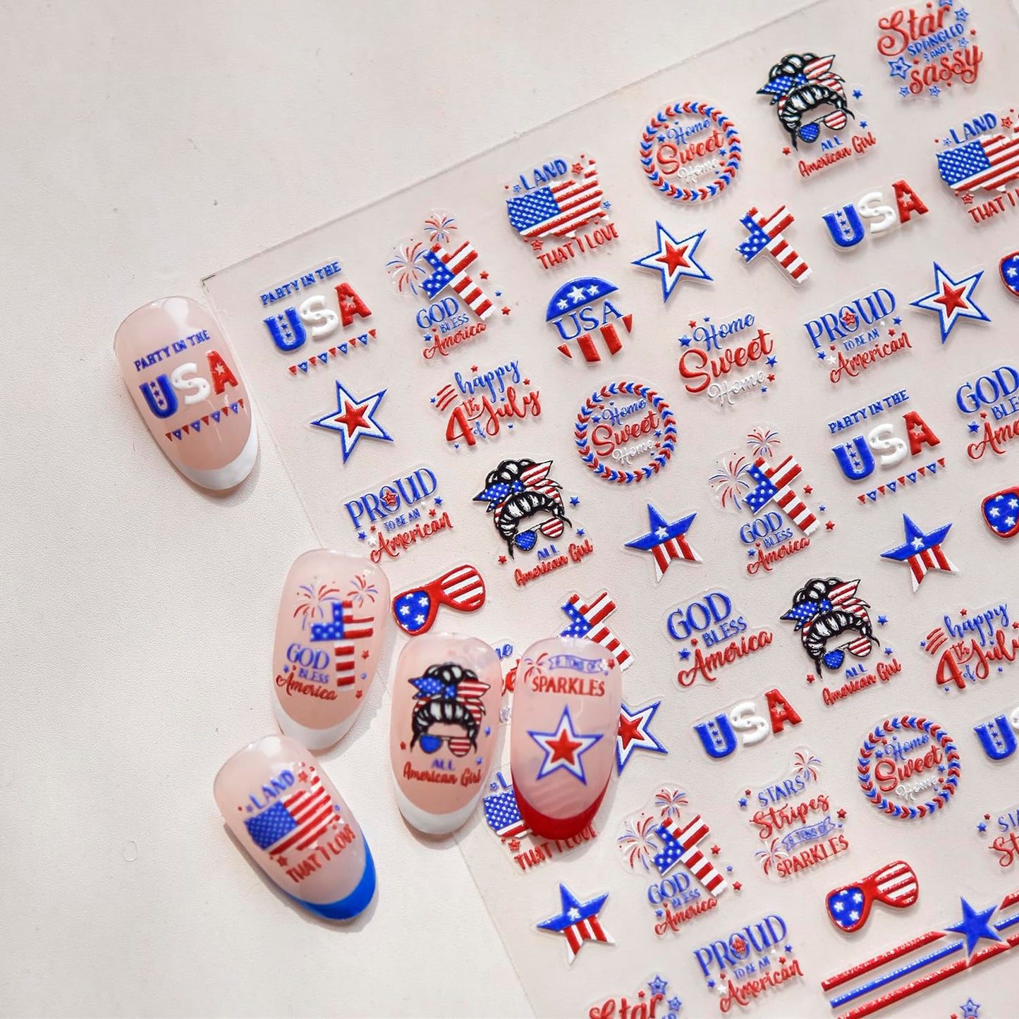 4th of July Nail Stickers 5D Independence Day Nail Art Stickers Embossed Nails Decals Star American Flag Nail Designs Self-Adhesive Nail Art Decals Nails Supplies for Women Girls DIY Manicure