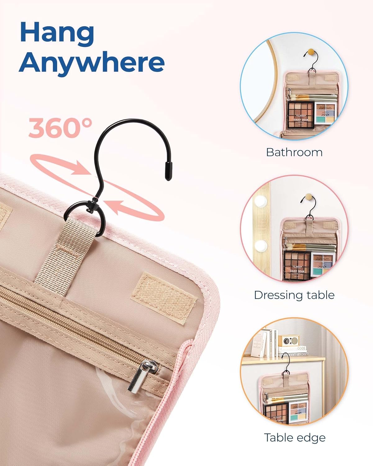 BAGSMART Makeup Bag - Water-Resistant Organizer with Hanging Hook | Large Capacity Toiletries Case in Pink