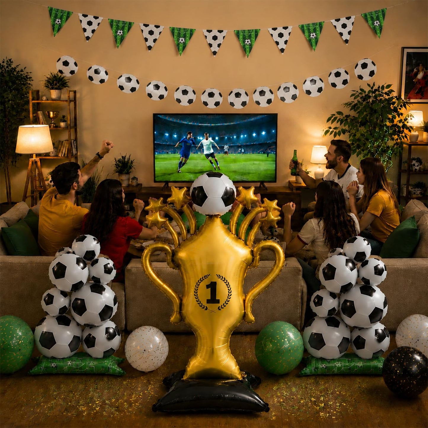 Dingpanxing 5PCS Soccer Party Decorations - 59" Trophy Balloon, Soccer Ball Foil Balloons, Pennant Banner for Birthday, Game Day, 2026 World Cup, Football Themed Party Supplies