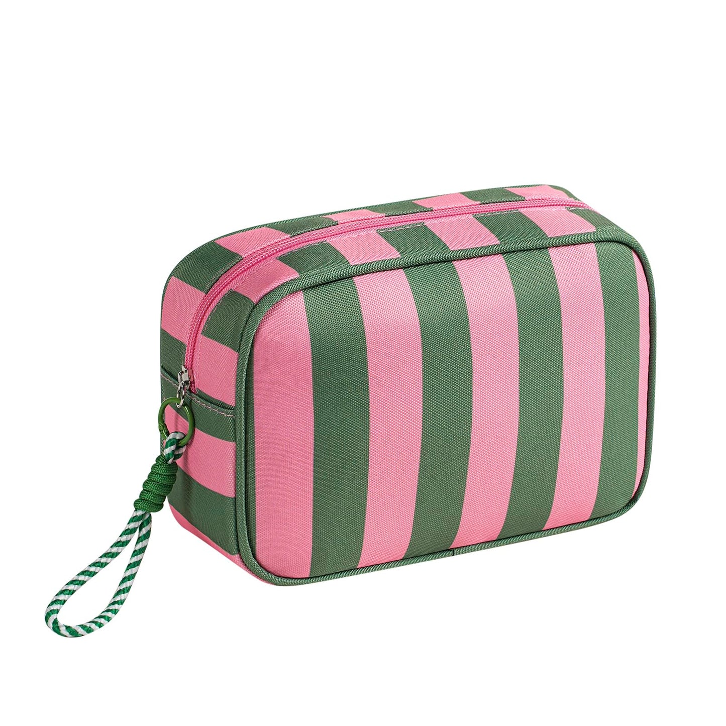 Lestikave Stripe Travel Makeup Bag,Large Aesthetic Zipper Cosmetic Bag, Oxford Coquette Toiletry Bag, Girls Handbags Purses, Accessories Storage Bag for Women Girls(02 Pink&Green)