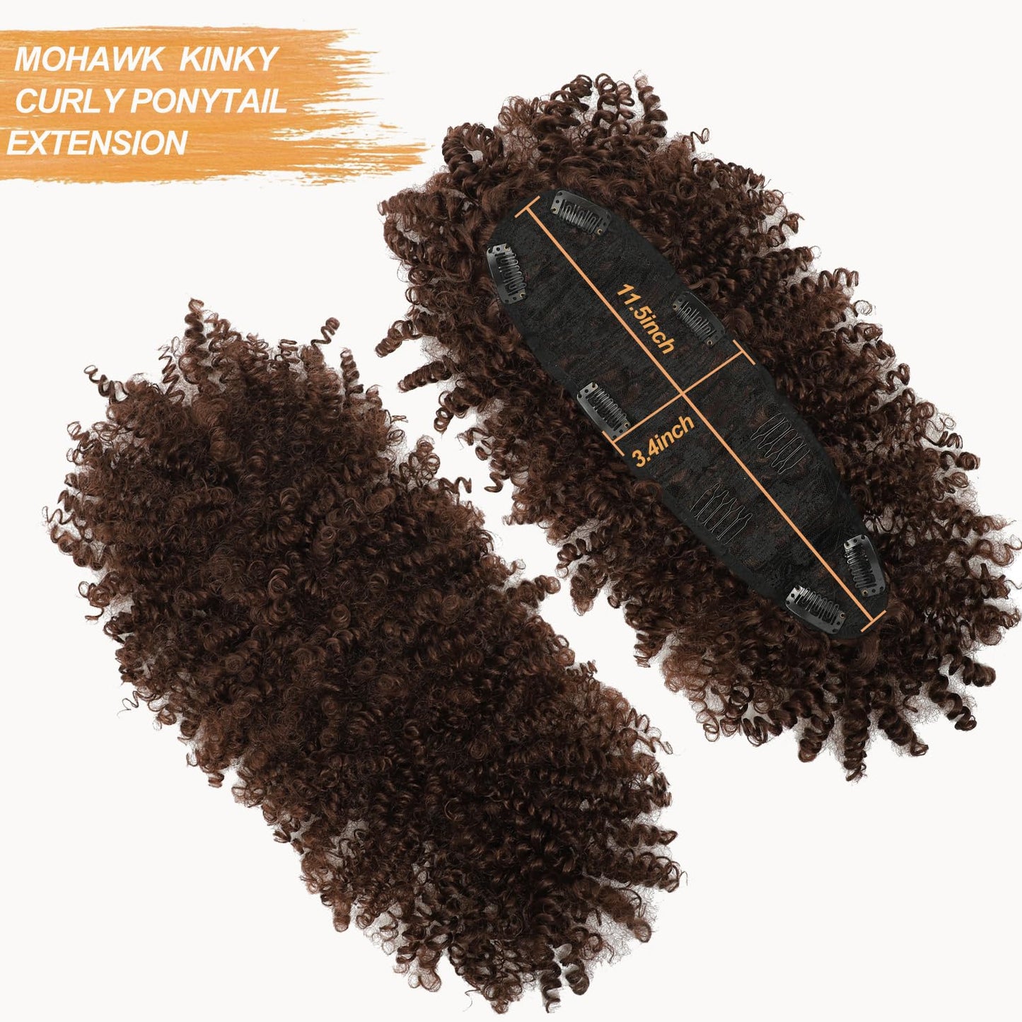 Mohawk Wig Kinky Curly Dark Brown Ponytail Extension with Bangs,Short Curly Synthetic Clip in Mohawk Ponytails with Six Clips and Two Combs Fluffy Natural Hair for Daily and Party Use 33#