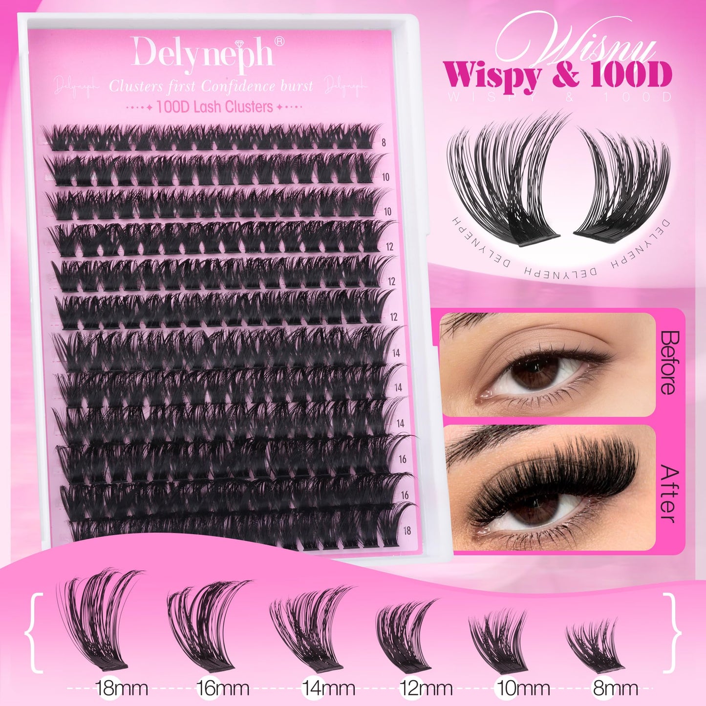 100D Lash Clusters Kit Wispy Eyelash Clusters Kit D Curly Lash Extension Kit 8-18mm Cluster Eyelash Extensions Kit Thick Individual Lashes Clusters by Delyneph