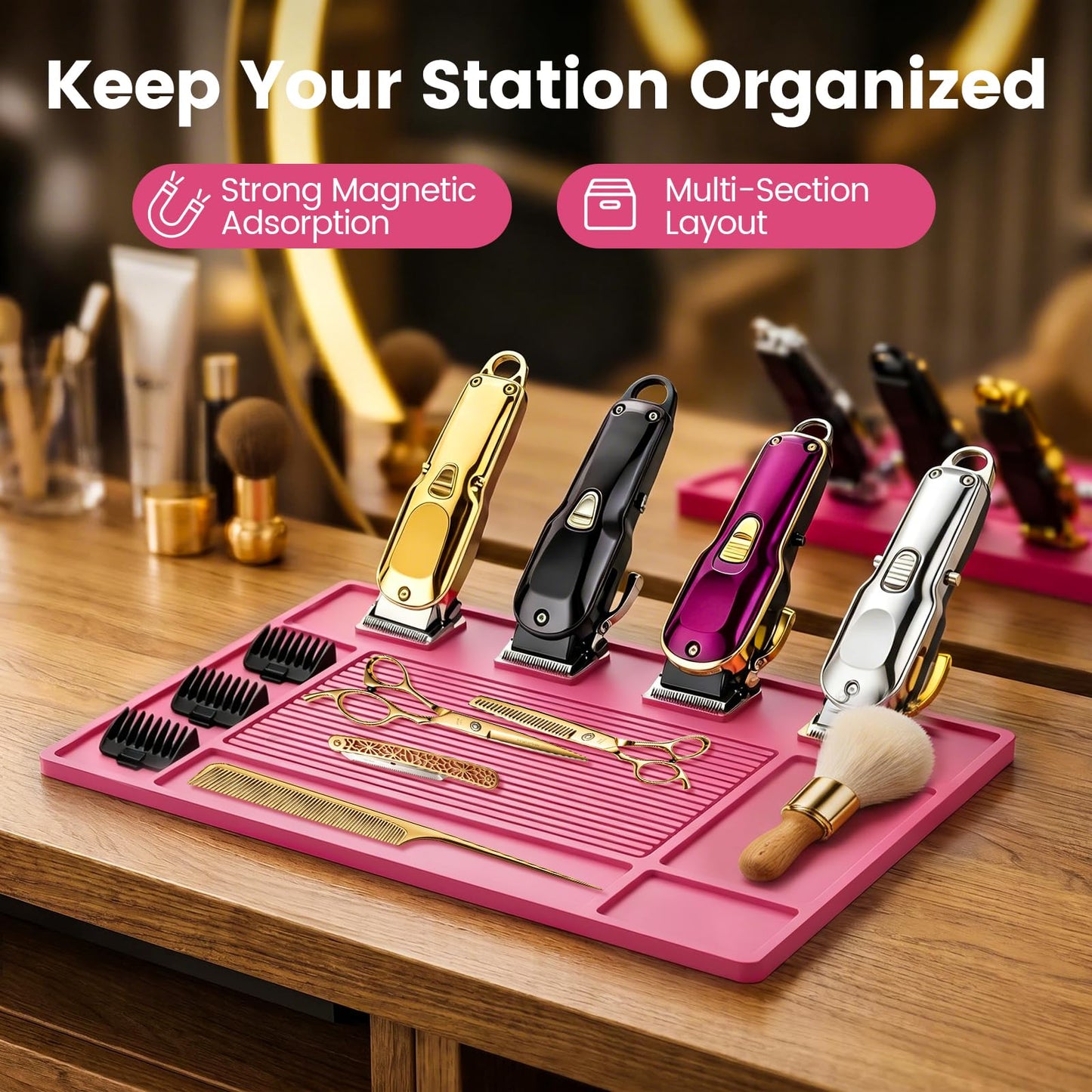 MEOFIENK Magnetic Barber Mat for Clippers – 4 Magnets, Anti-Slip Heat-Resistant Silicone Pad, Barber Station Organizer with Tool Slots & Textured Zones for Hairstylist Salon Home