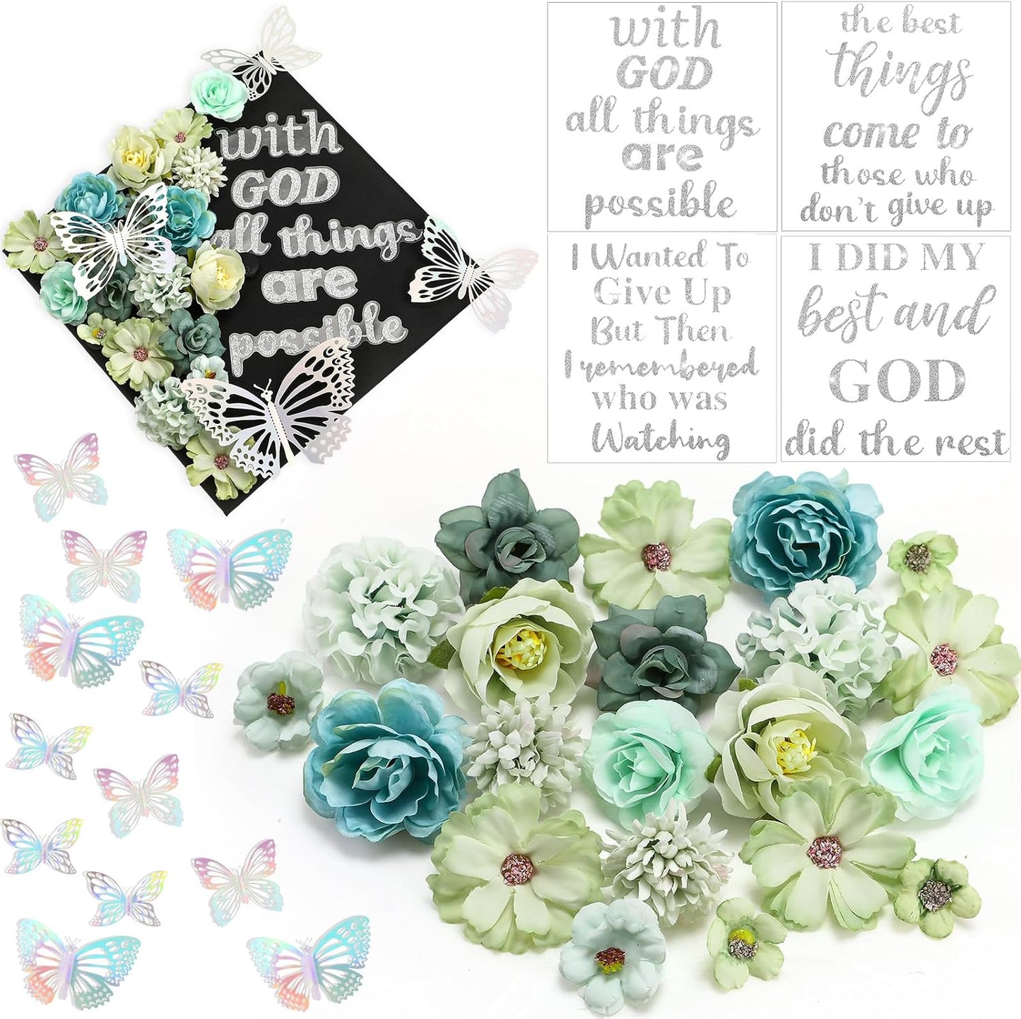 Graduation Cap Decoration Kit - 36 Pcs with Faux Flowers, Glitter Stickers & 3D Butterflies | Blue Inspirational Themes