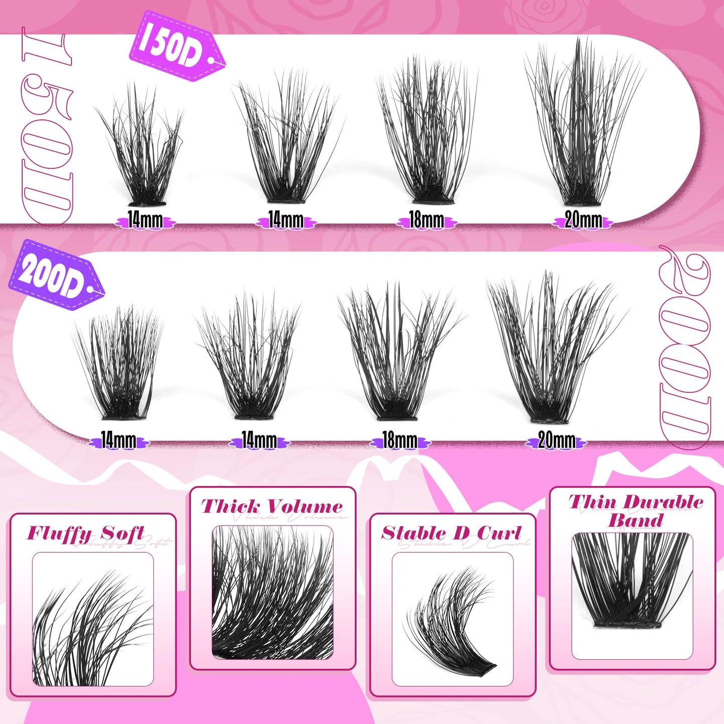 Yawamica Wispy Individual Lashes Clusters Fluffier Eyelash Extension 150D+200D Thick Volume Eyelash Clusters 14-20mm D Curly Lashes 240pcs DIY Lash Extension for Beginners, Black