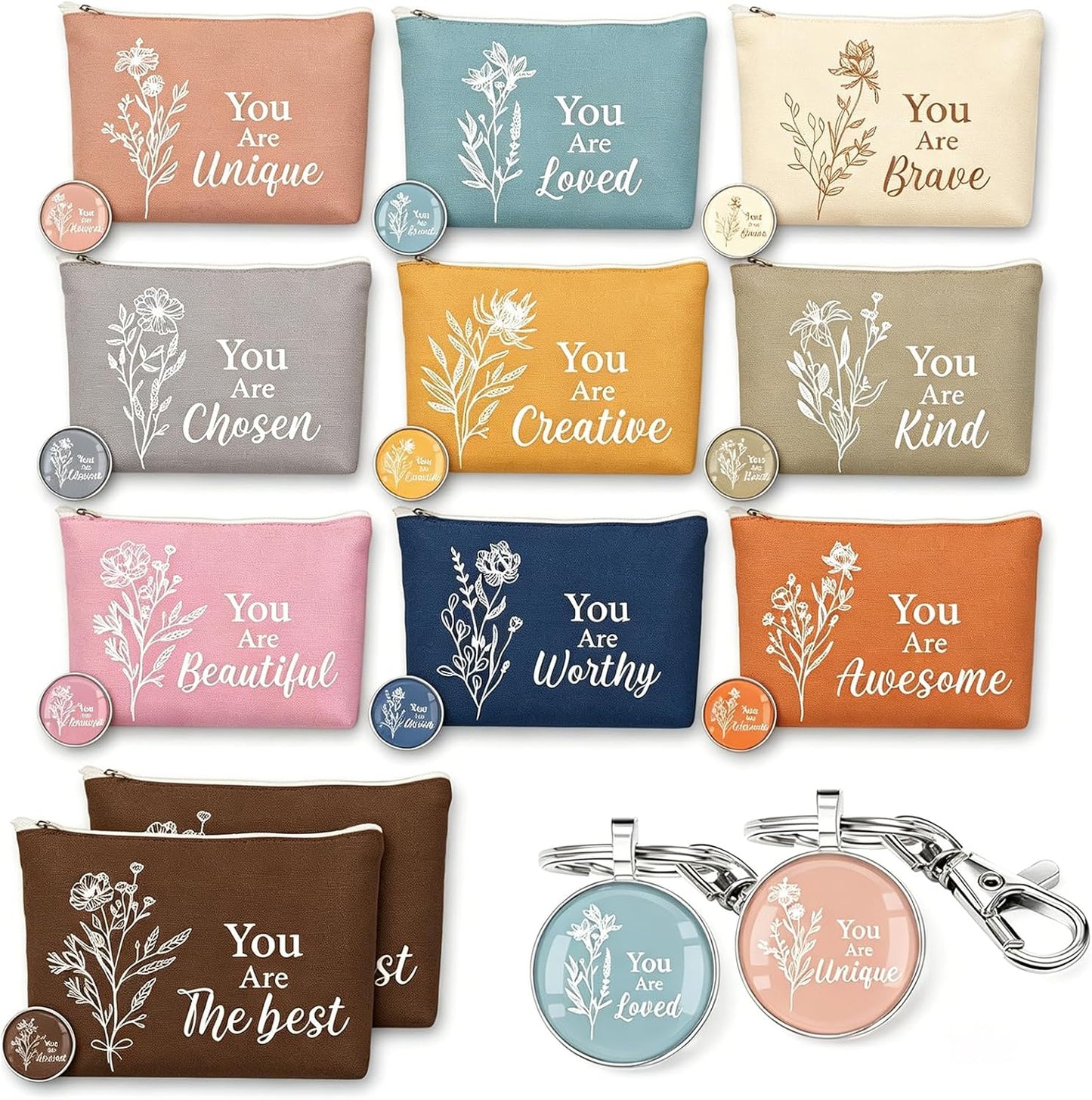 Inspirational Canvas Makeup Bag Set - 20Pcs Employee Appreciation Gifts for Women | Boho Botanical Design, Travel Pouch with Keychains