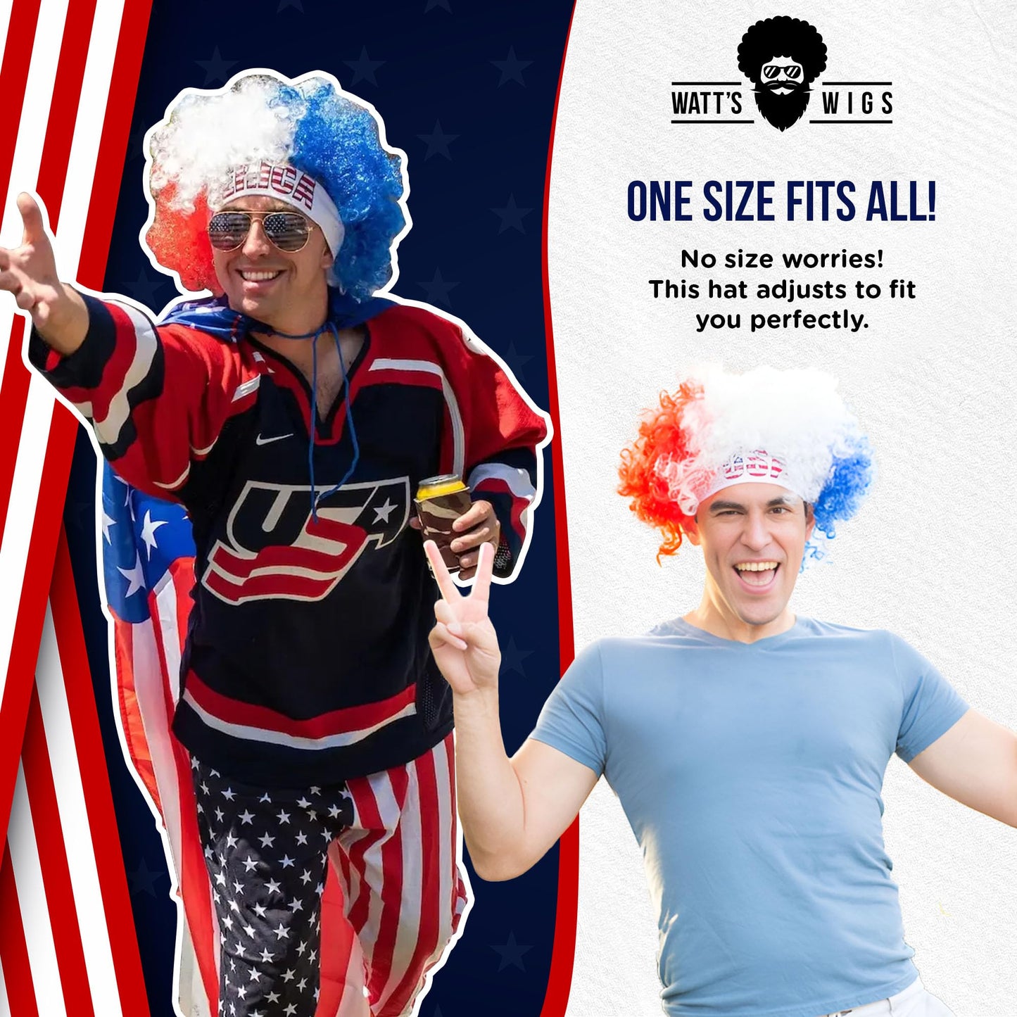 Watt's Wigs - USA Costume Wig - Curly Hair, Red, White, and Blue Olympics 4th of July America Headband - One Size Fits All (USA)