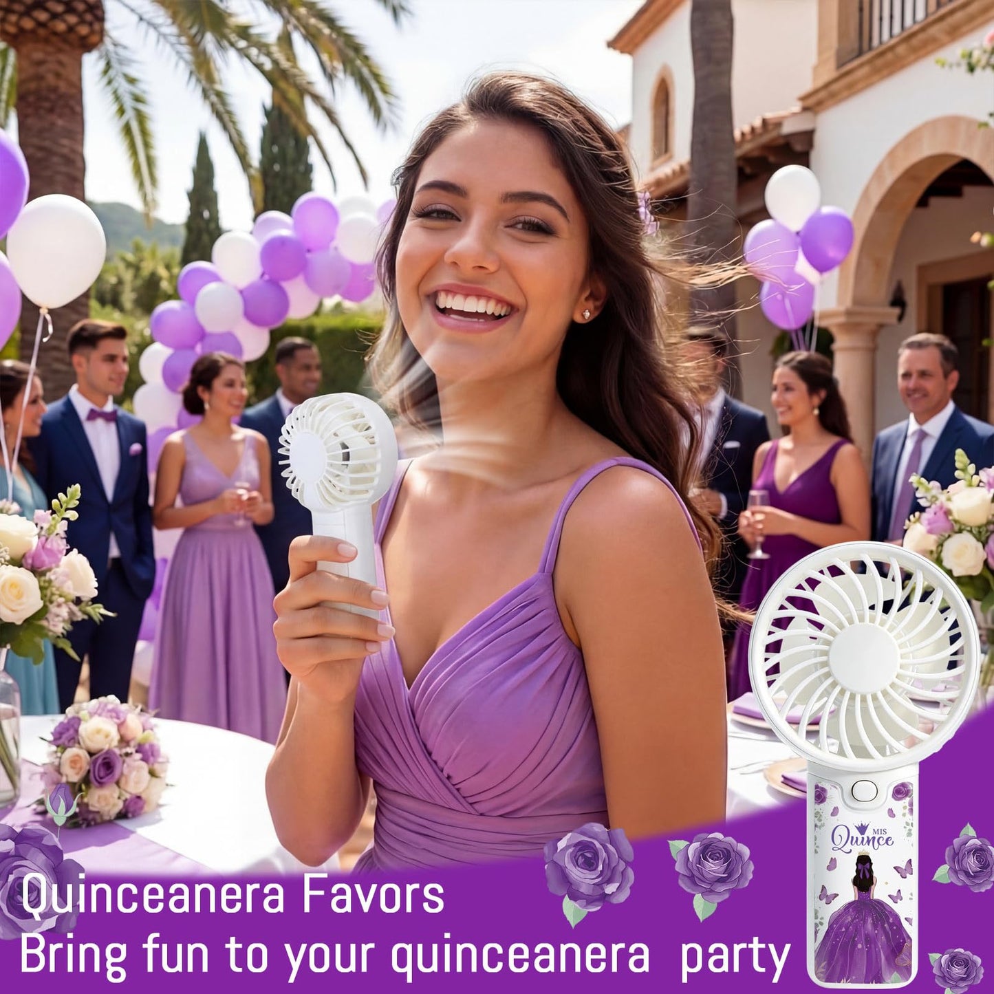 Tuanse 25 Set Recuerdos Para 15 Años Quinceañeras Quinceanera Fan Party Favors Gifts for Guests Portable Handheld Electric Fans with Thank You Cards Organza Bags for Birthday Decor Guests(Purple)
