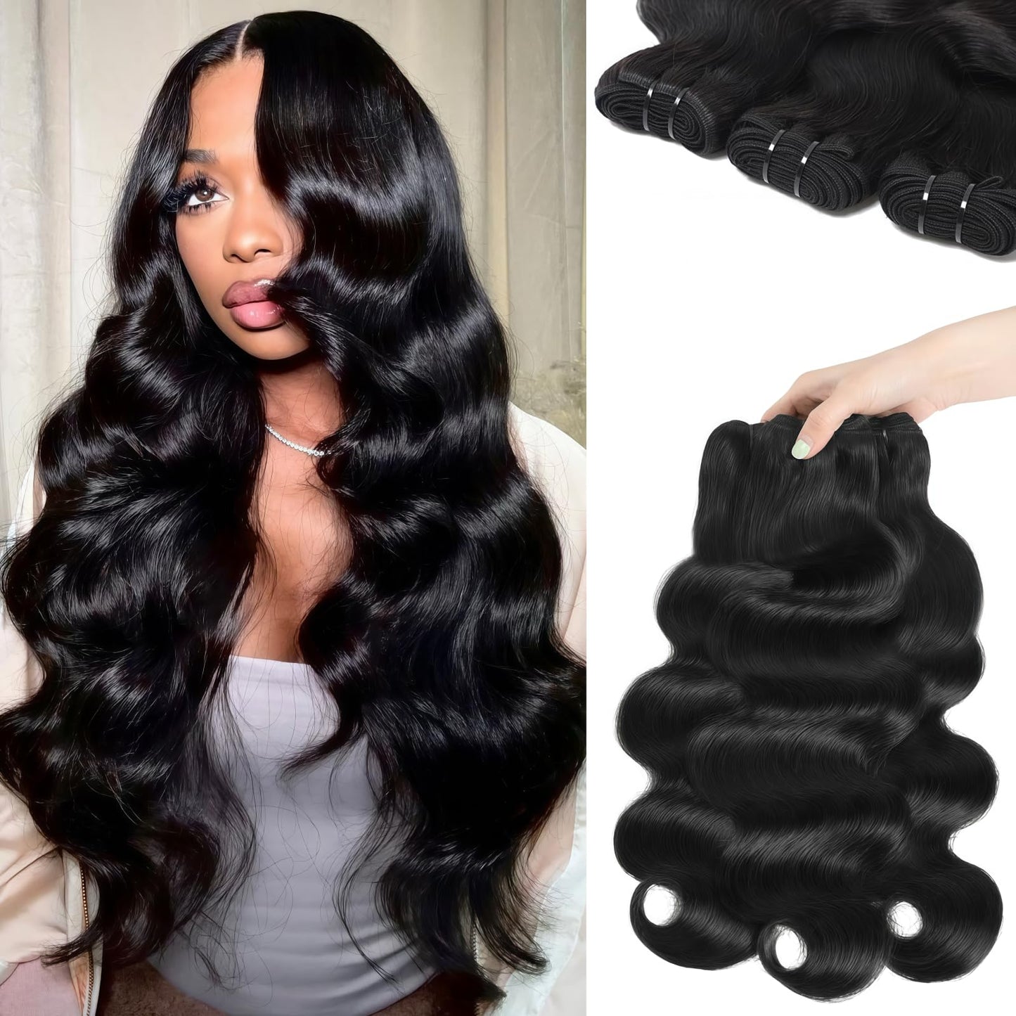 AZONA Body Wave Bundles Human Hair New 14 16 18 Inch Human Hair Bundle Unprocessed Brazilian Virgin Hair 3 Bundles Human Hair Extensions for Women Natural Color