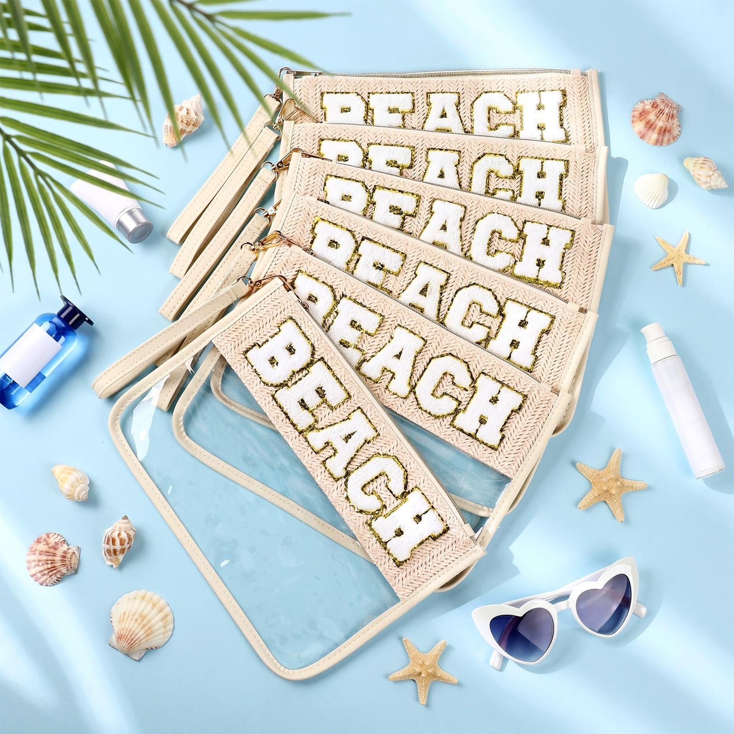 Kacctyen 6 Pcs Beach Bags Chenille Letter Straw Makeup Bag with Zipper Waterproof Cosmetic Toiletry Pouch with Handle Gym Travel Summer Gifts for Women Girls (Natural Straw, BEACH)