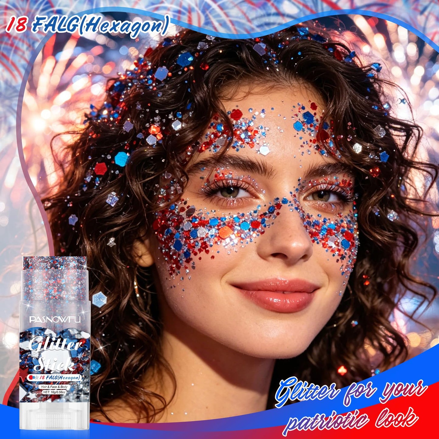 PASNOWFU Red White Blue Body Glitter Stick Hexagon, Shimmer Face Hair Glitter Waterproof Easy Clean for 4th of July Independence Day USA Accessories Outfits for Women Festival Parades Celebrations