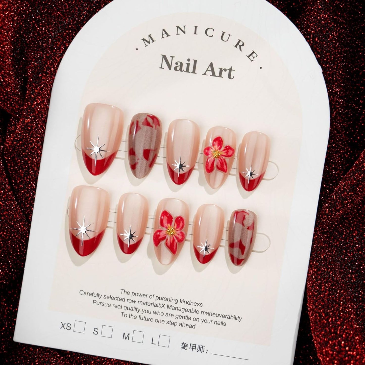 Press On Nails - Short Almond French Tip with Blue 3D Flowers | Glossy Acrylic Beach Designs for Women