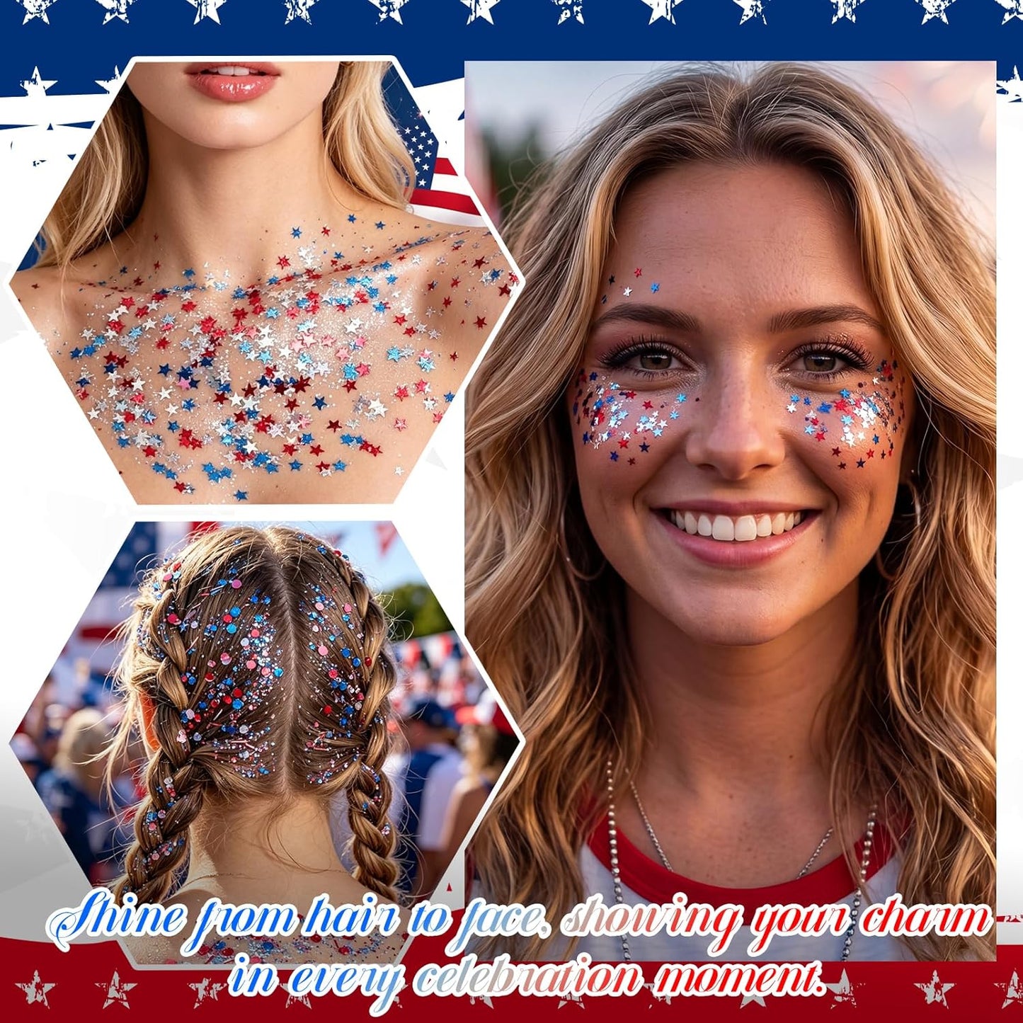 Independence Day Face Glitter Stick - Long-Lasting Star Sparkle Glitter for 4th of July | USA Accessories for Women