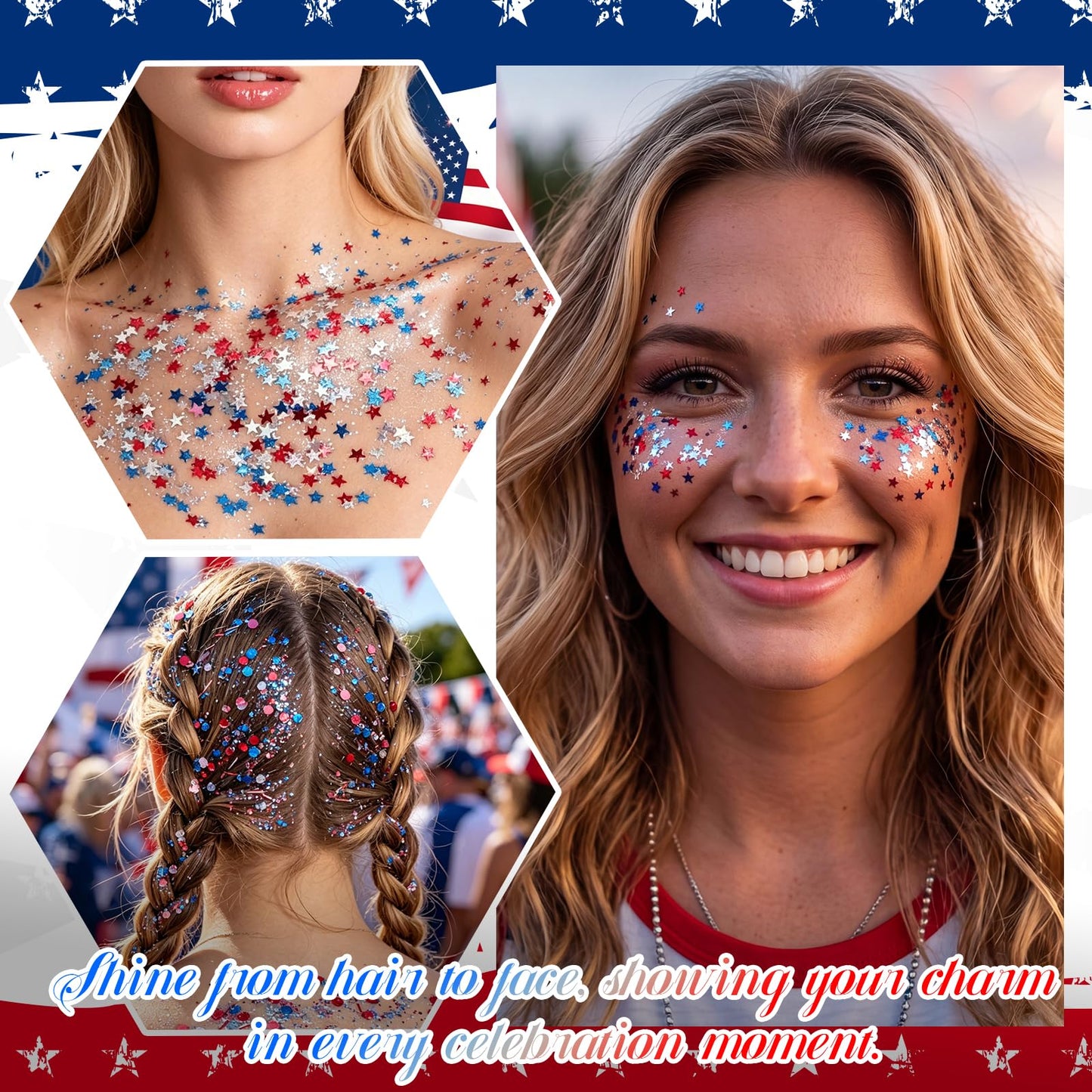 PASNOWFU Red White Blue Body Glitter Stick Hexagon, Shimmer Face Hair Glitter Waterproof Easy Clean for 4th of July Independence Day USA Accessories Outfits for Women Festival Parades Celebrations