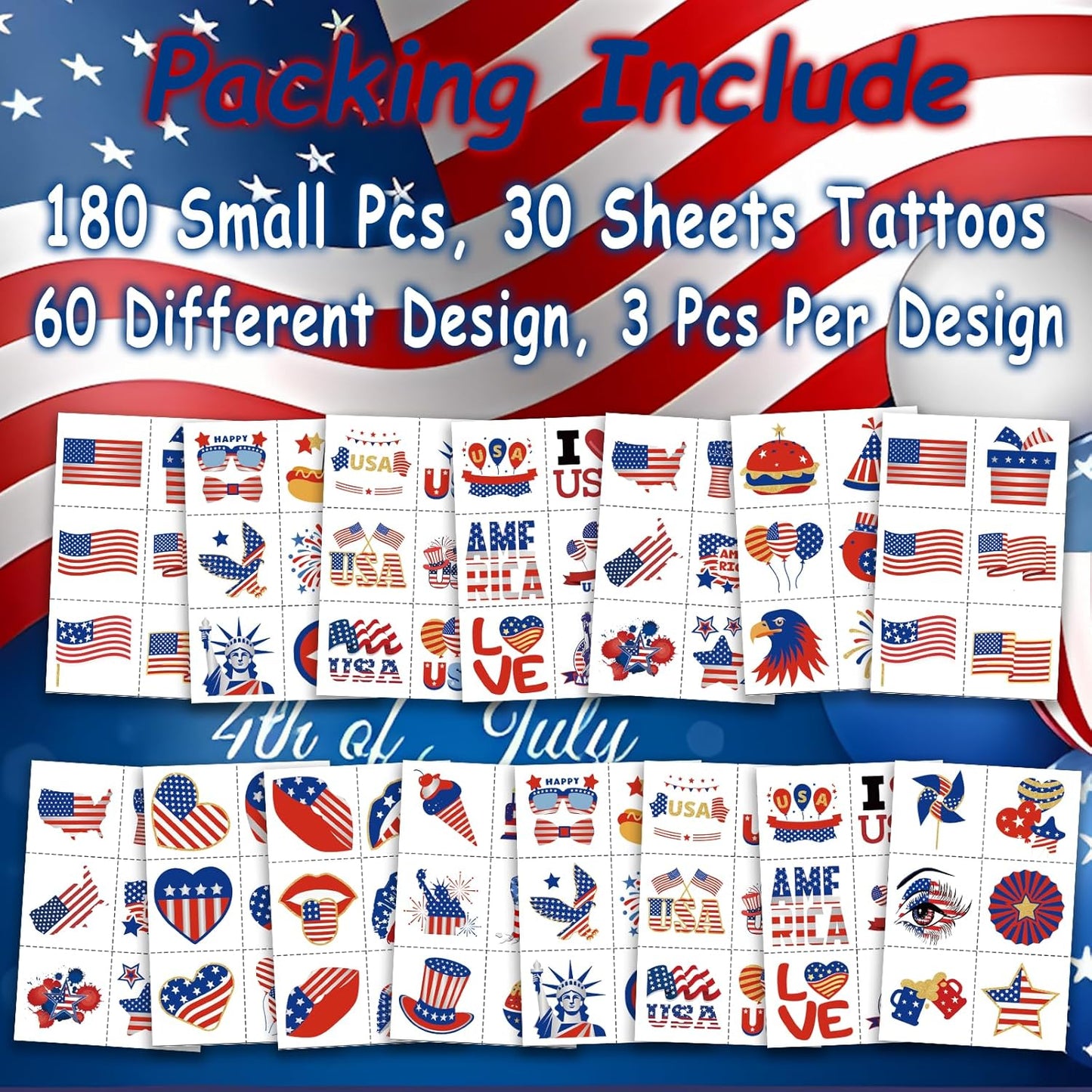 Patriotic Temporary Tattoos - 180 Pcs Red, White & Blue USA Flag Designs | Perfect for 4th of July Celebrations