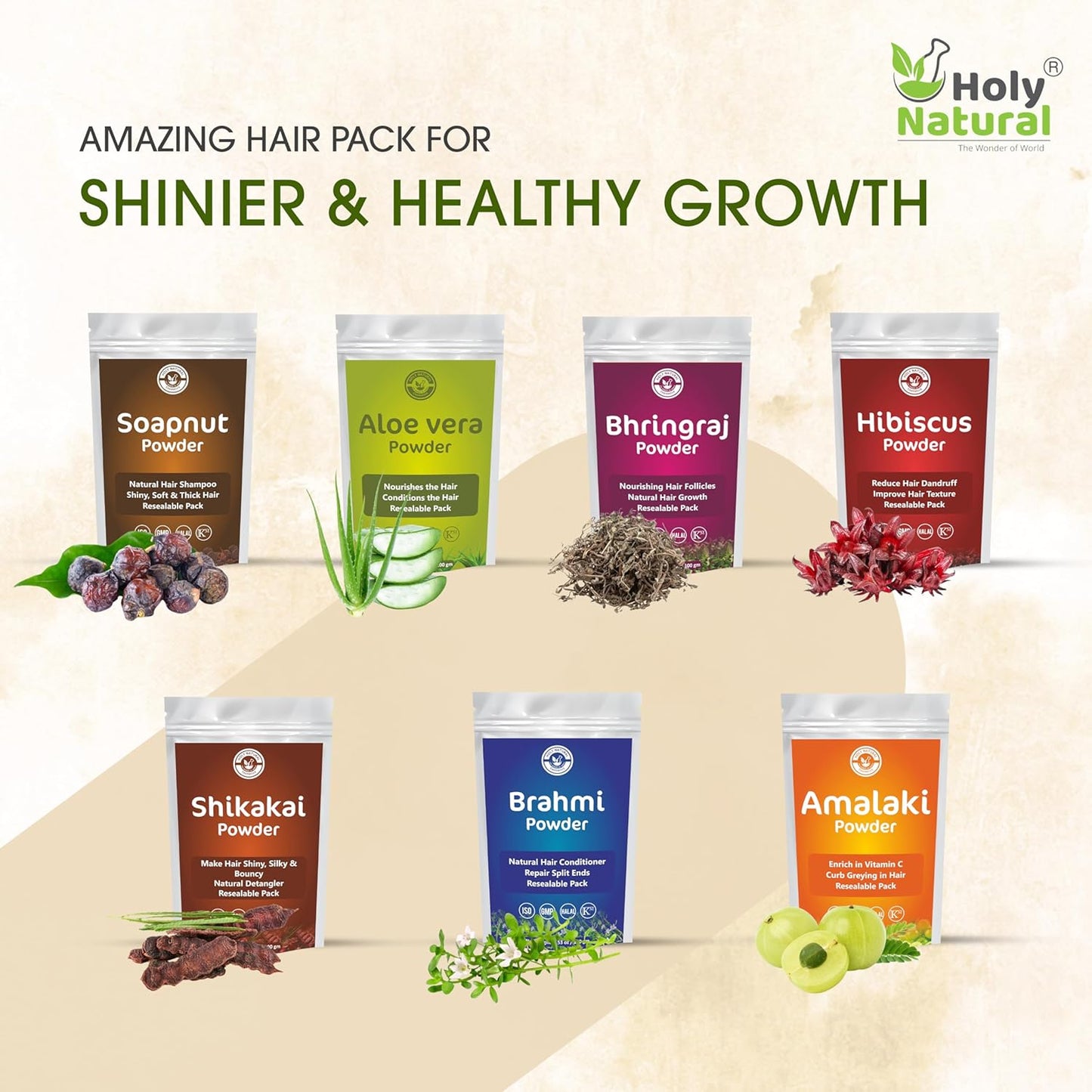 Herbal Hair Growth Powder - 7 Herbal Hair Mask Combo with Amalaki, Bhringraj, Aloe Vera & More | 100g Each, Resealable Pack