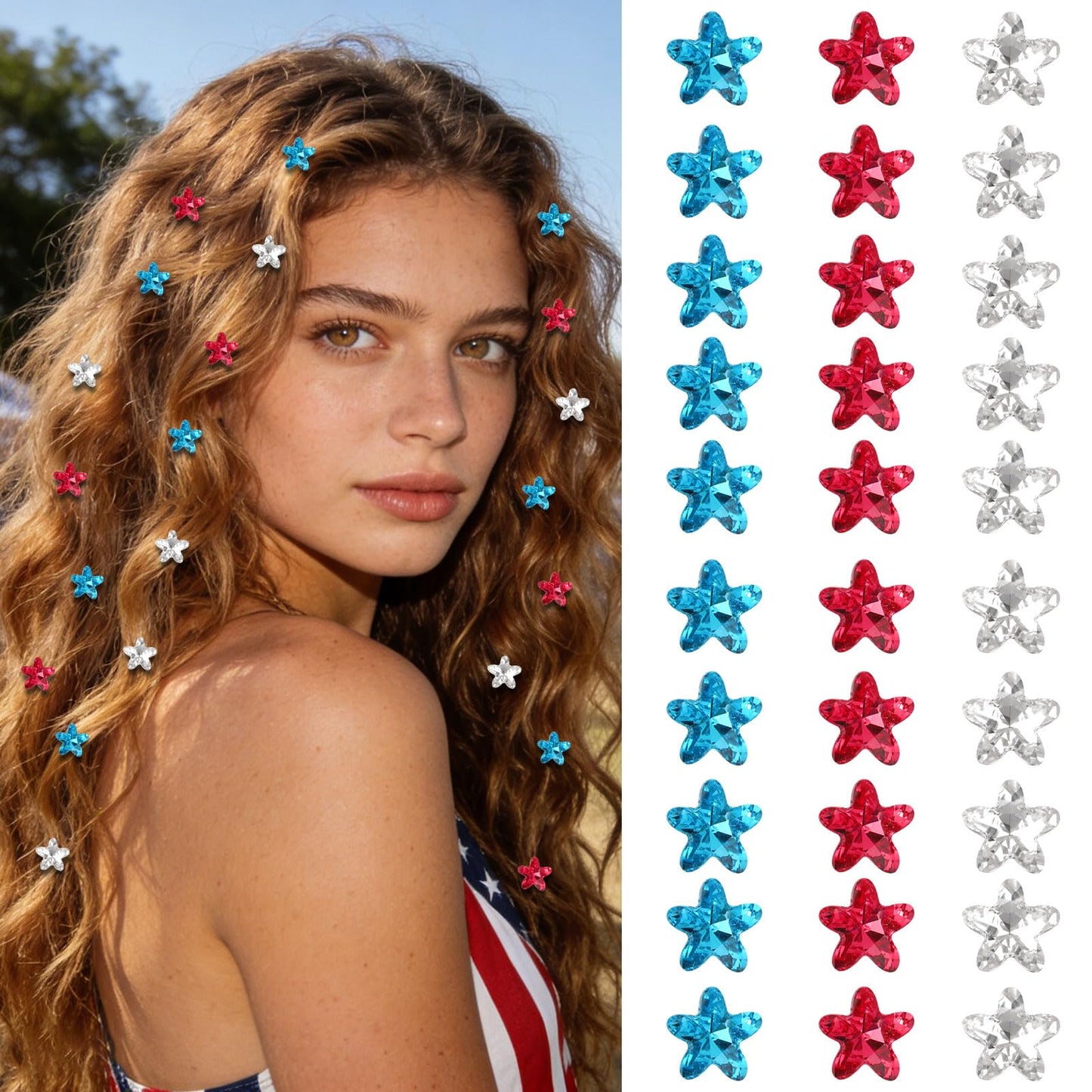YISSION 30PCS 4th of July Mini Rhinestone Star Hair Clips, Red White Blue Patriotic Sparkly Barrettes for Women & Girls