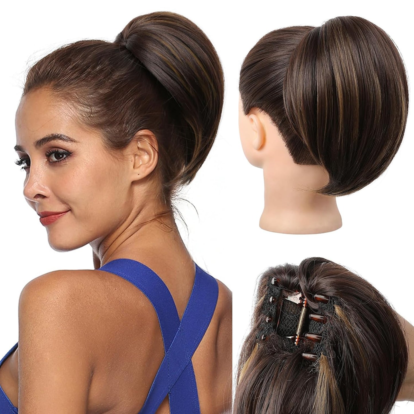 Ponytail Extension - 8" Short Mini Claw Clip Hairpiece | Natural Soft Feather-Light - Light Brown with Highlights