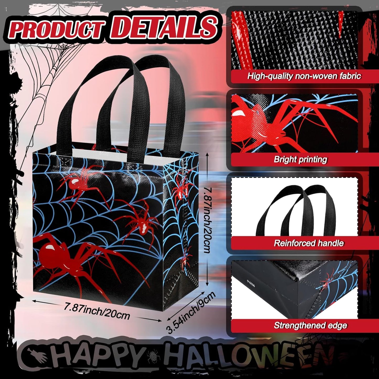 Spider Party Favor Goodie Bags - 40 Pcs Reusable Non-Woven Bags for Halloween & Birthday | 7.87 x 7.87 x 3.54 Inches
