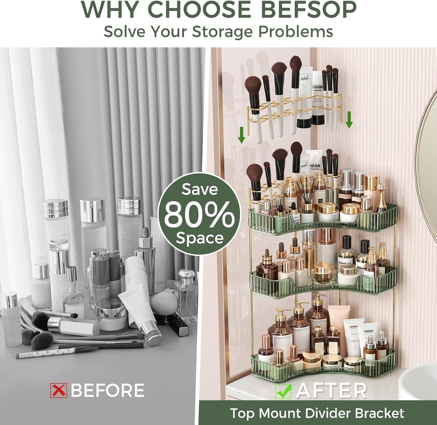Corner Bathroom Counter Organizer - 3-Tier Makeup & Skincare Storage | Green Vanity Organizer
