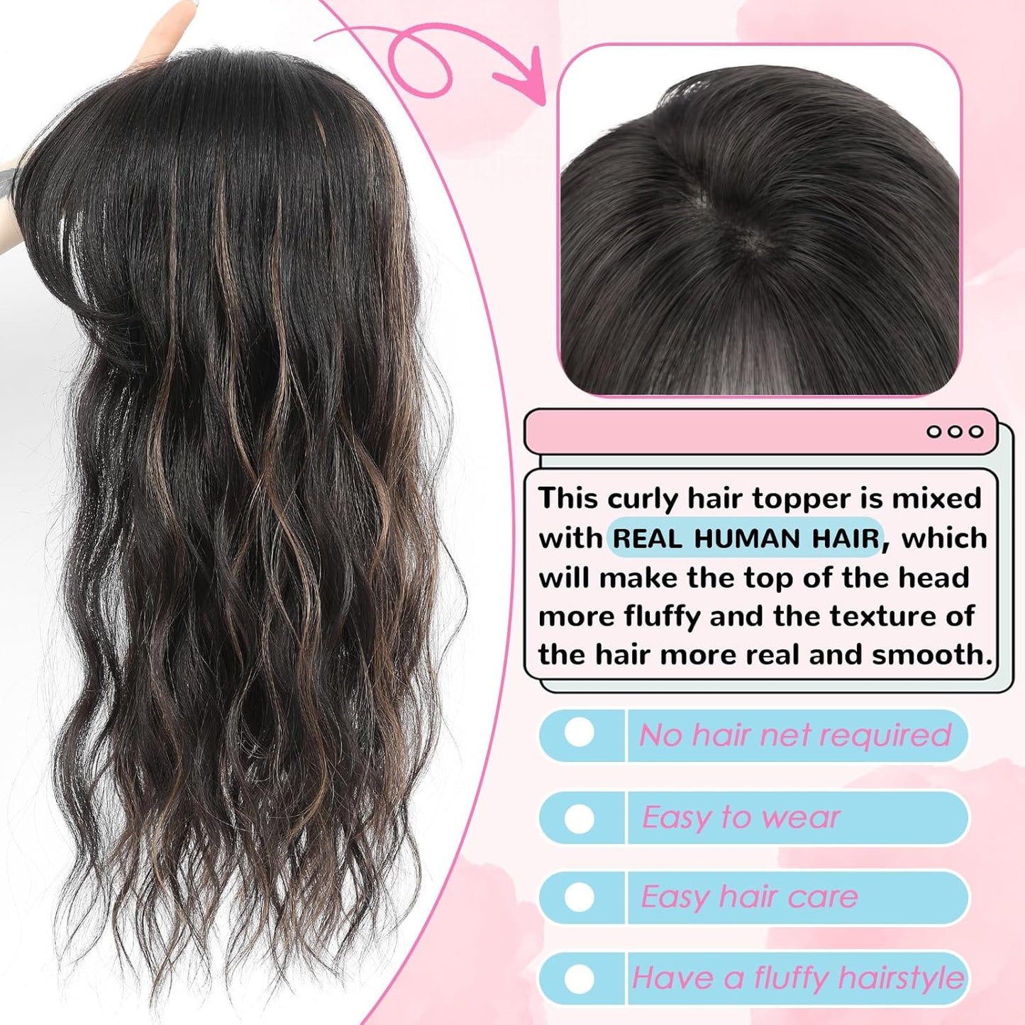 Hair Toppers for Women - 20 Inch Hand-Tied Curly Clip-In Hair Pieces | Lightweight Dark Brown & Chestnut Mix