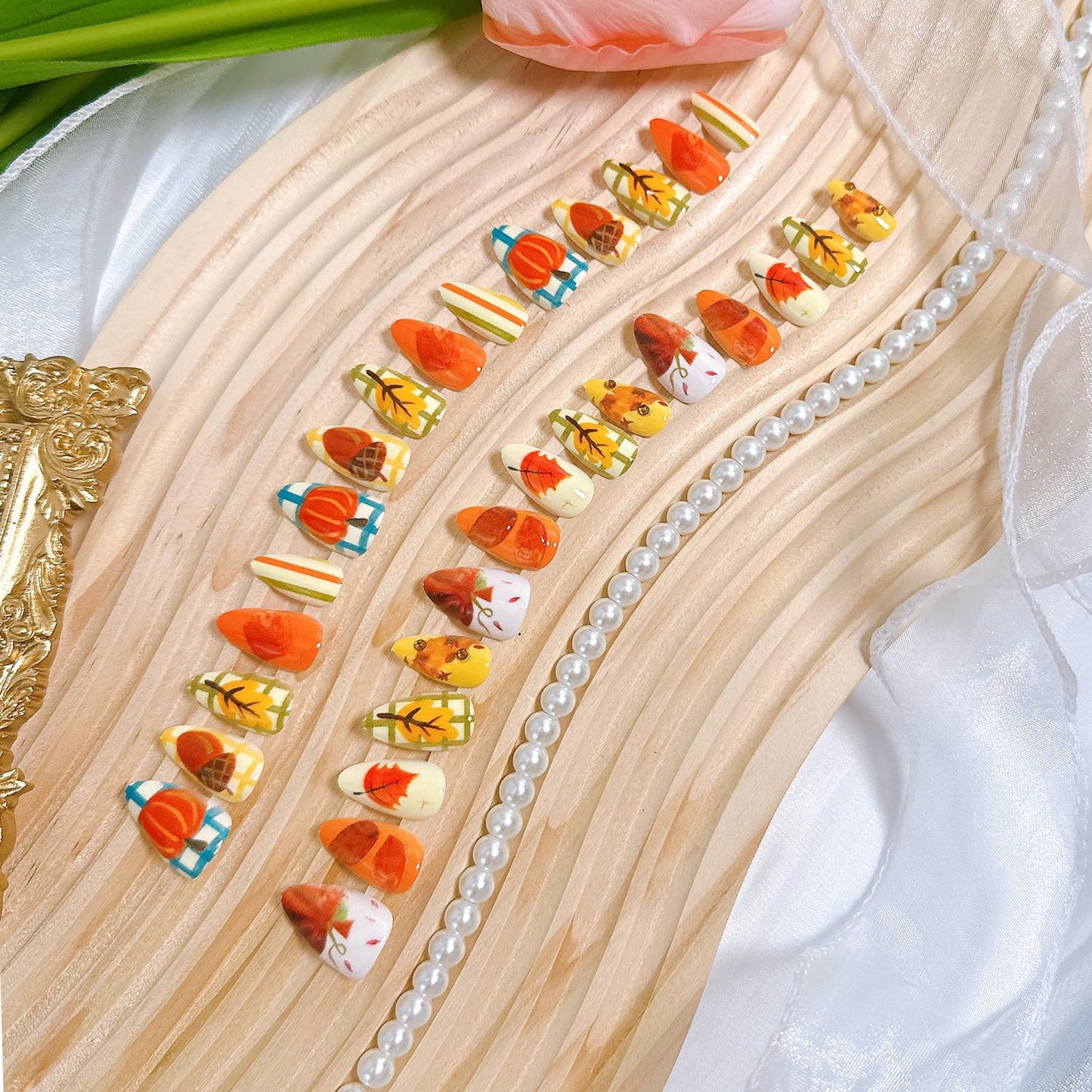 30Pcs Fall Press-On Nails - Short Almond Acrylic Nails with 3D Leaf & Pumpkin Designs | Reusable Thanksgiving Nail Art