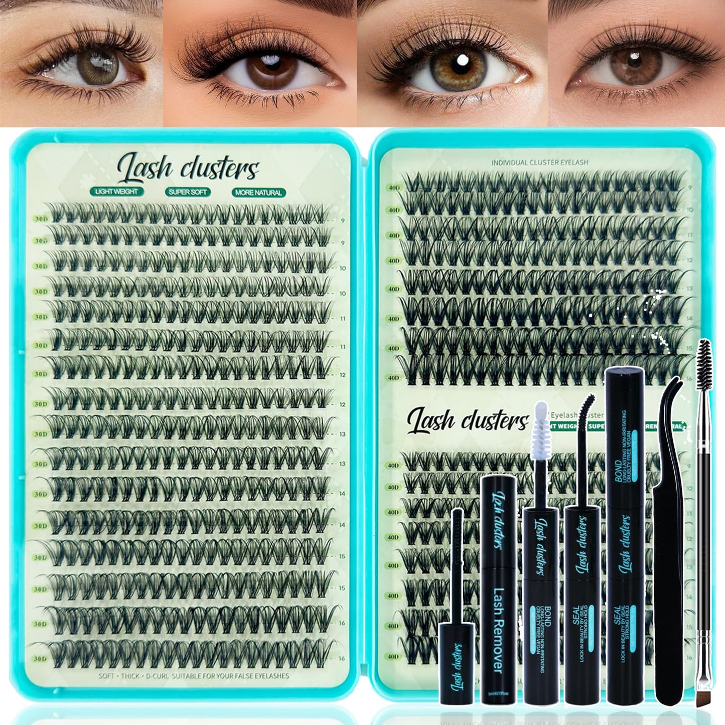 Lash Clusters Kit, 600 Pcs Eyelashes Lash Clusters D Curl 9-16mm, Individual Flufffy False Eyelashes Extensions with Tools, Perfect for Daily Wear and Dating