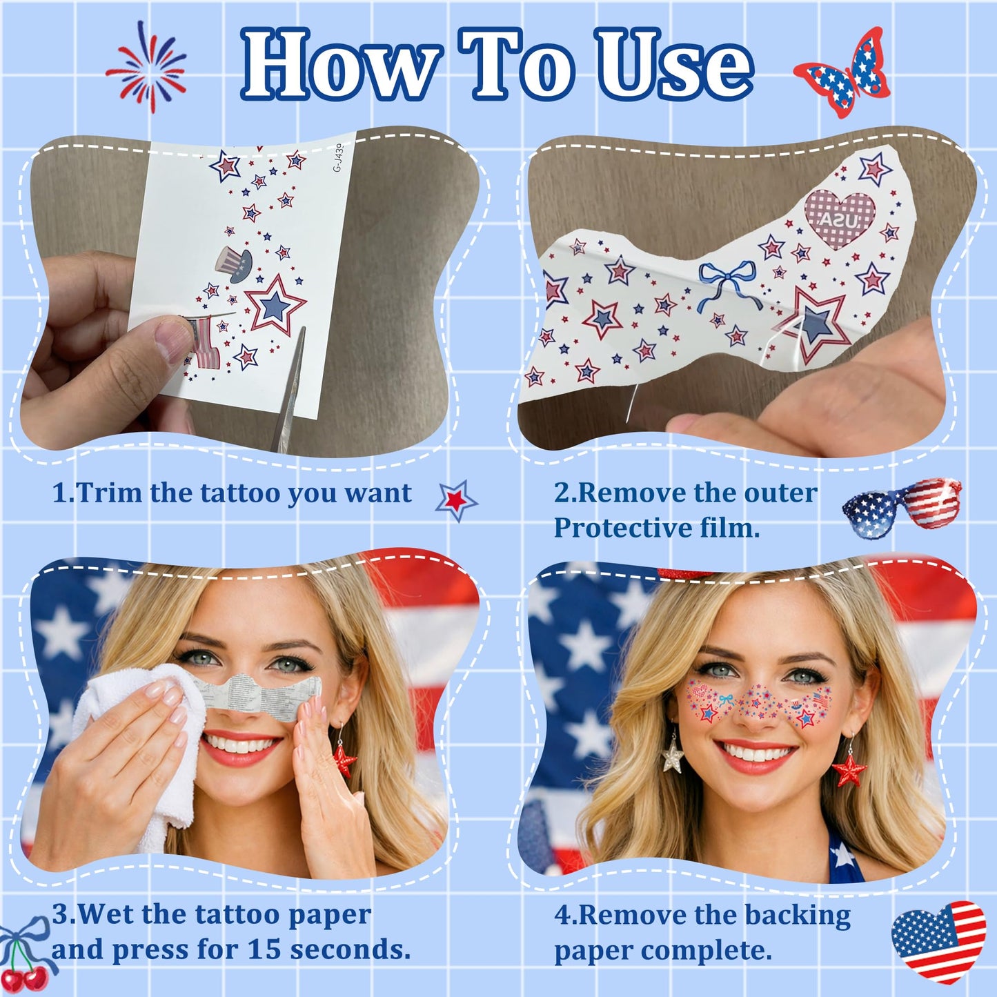 4th of July Freckles Tattoos Temporary, 250 Anniversary USA Decorations, Fourth of July Outfit Women Kids, America Red White and Blue Accessories Patriotic Party Favors Supplies for Independence Day