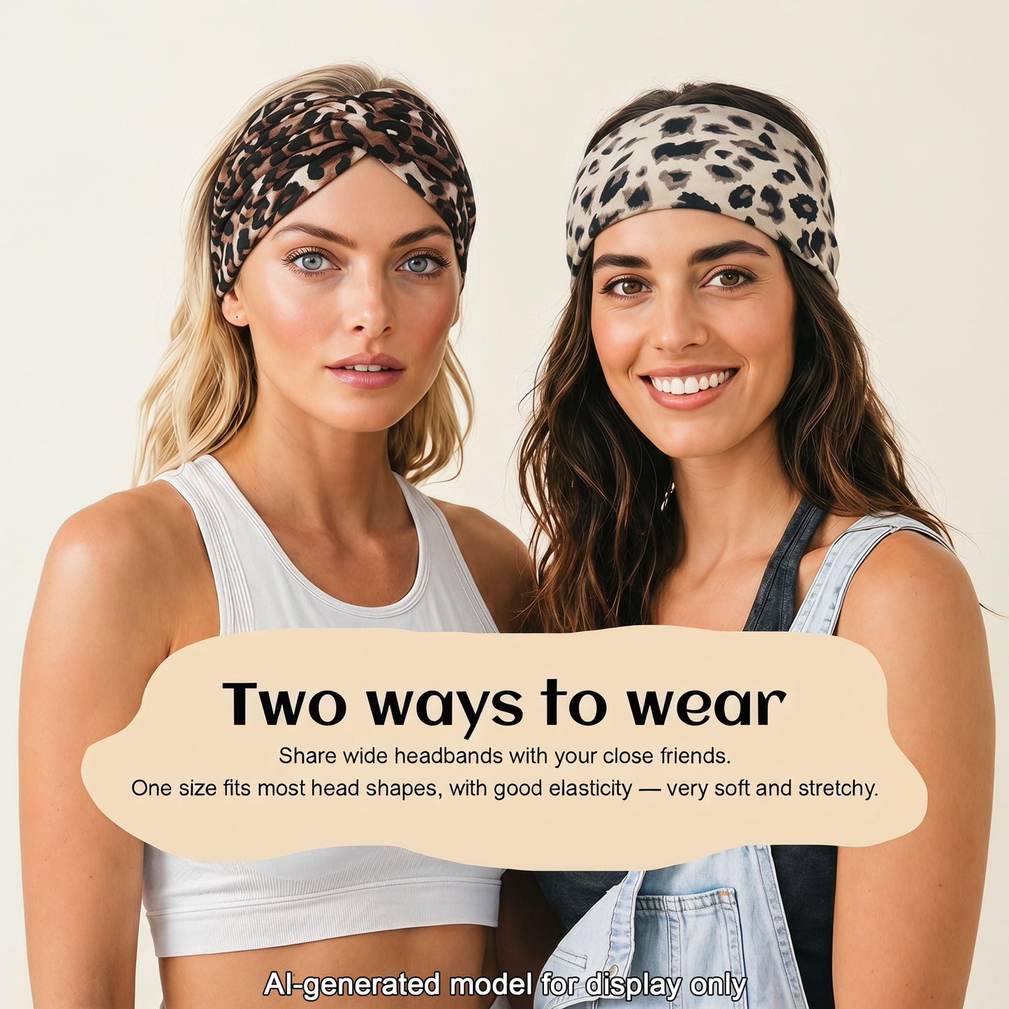 WENNKINN 7-Inch Wide Headbands for Women – 3 Pack Soft Thick Turban Hair Bands, Bandana-Style Head Wraps for Workout Yoga Sleep, Fashion Accessories with 6 Pcs Hair Ties-Brown leopard, Black