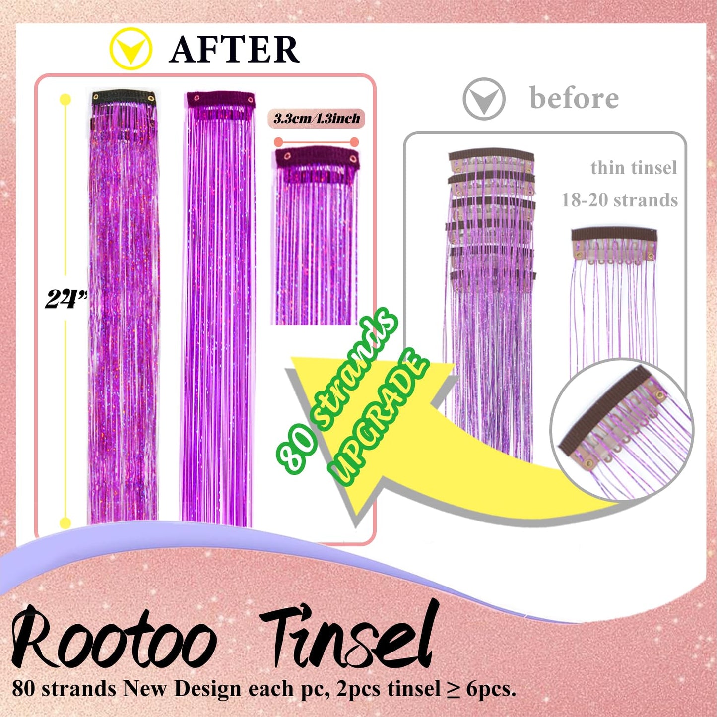 Hair Tinsel Kit - 12 Pcs Purple Glitter Clip-In Extensions | 24 Inch for Girls, Women & Kids
