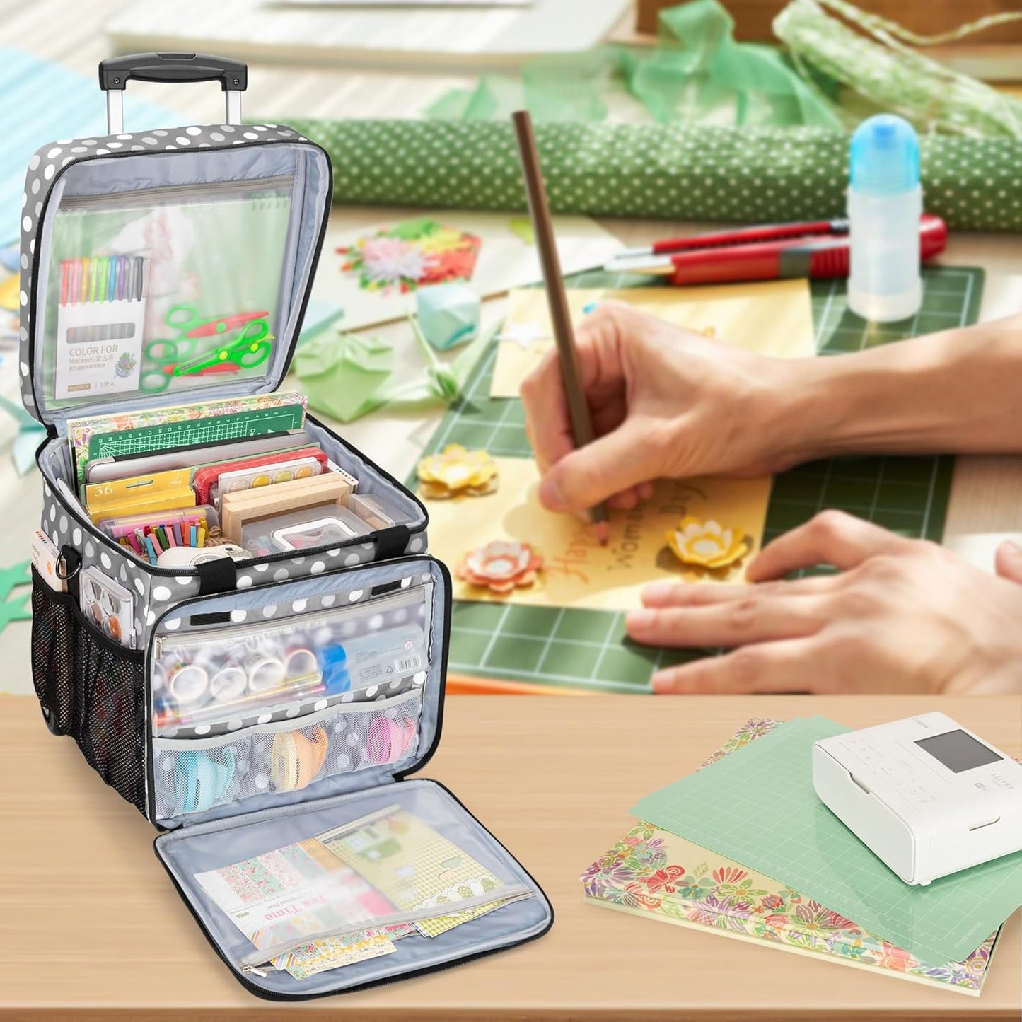 LUXJA Rolling Scrapbook Tote - Detachable Dolly Design for Easy Transport | Gray Dots