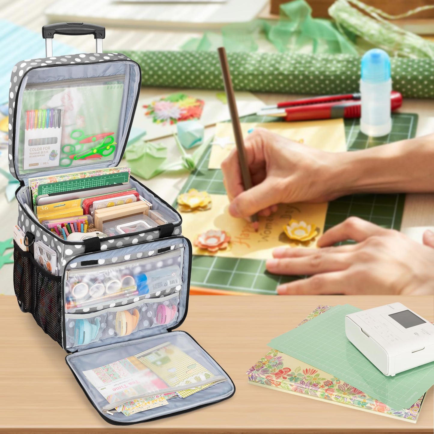 LUXJA Rolling Scrapbook Tote, Scrapbook Bag with Detachable Dolly (Patented Design), Gray Dots
