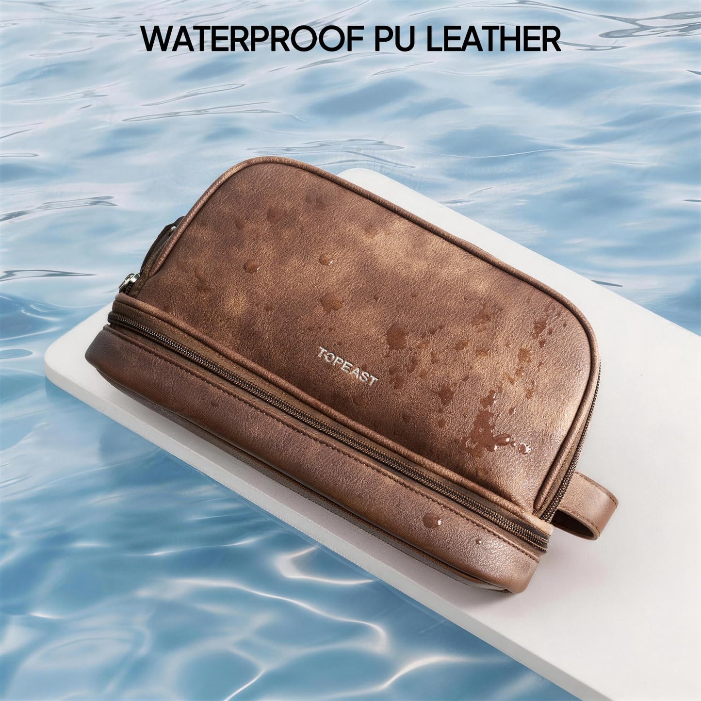 TOPEAST Toiletry Bag for Men, Large PU Leather Dopp Kit with Waterproof Wet Pocket, Double Layer Travel Toiletry Organizer with Brush Compartment, Shaving Bag with Handle, Brown