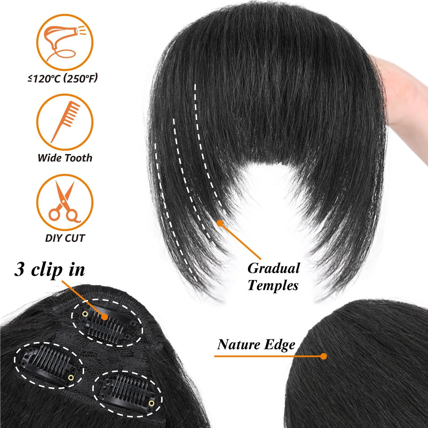 Yaki Straight Clip-In Bangs for Black Women - Natural-Looking Synthetic Hair Fringe | 3 Secure Clips, Kinky Straight, Natural Black