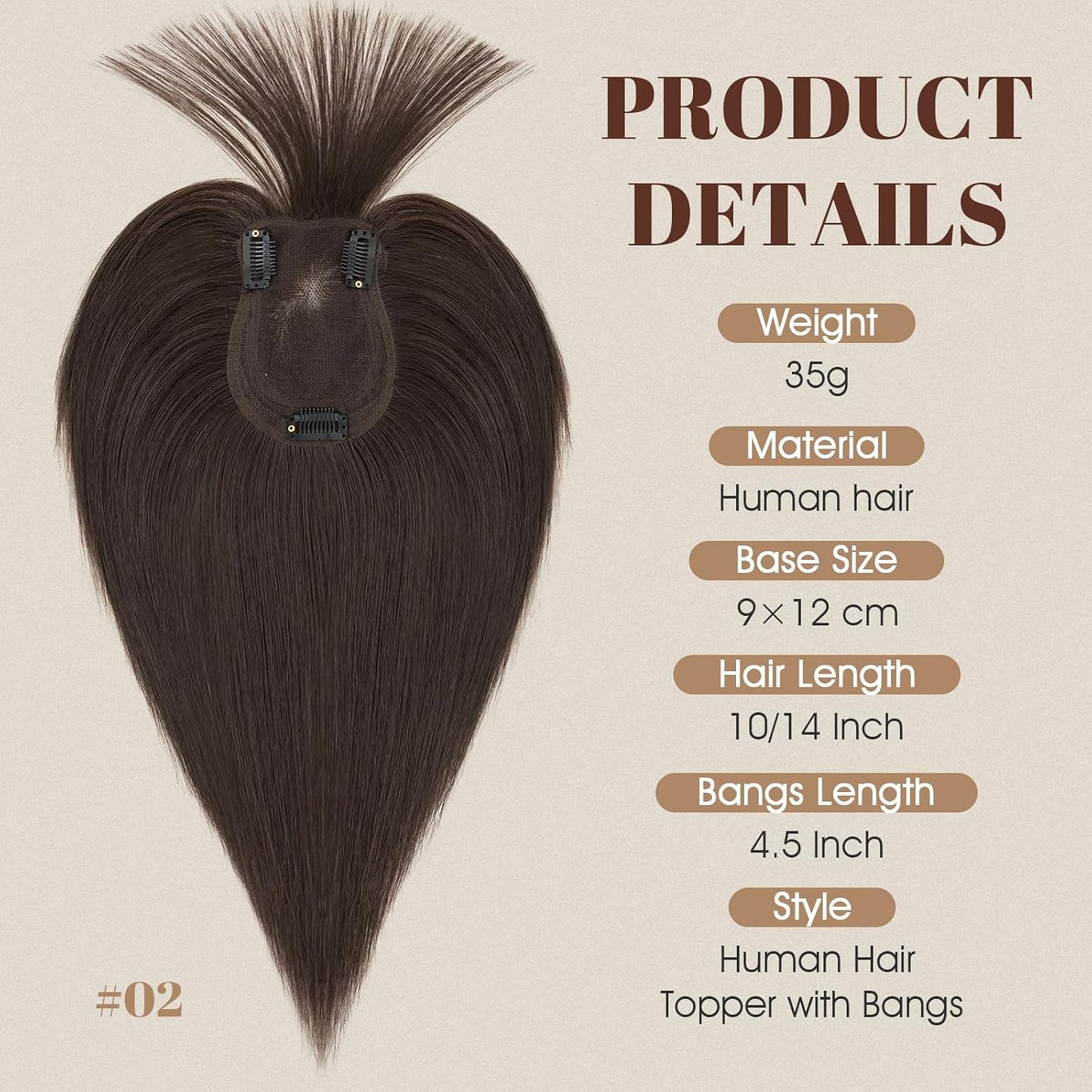 Human Hair Topper - 360° 3D Ultra Thin Clip-In Crown Piece for Thinning Gray Hair | 12 Inch Mocha Brown, 35 Grams